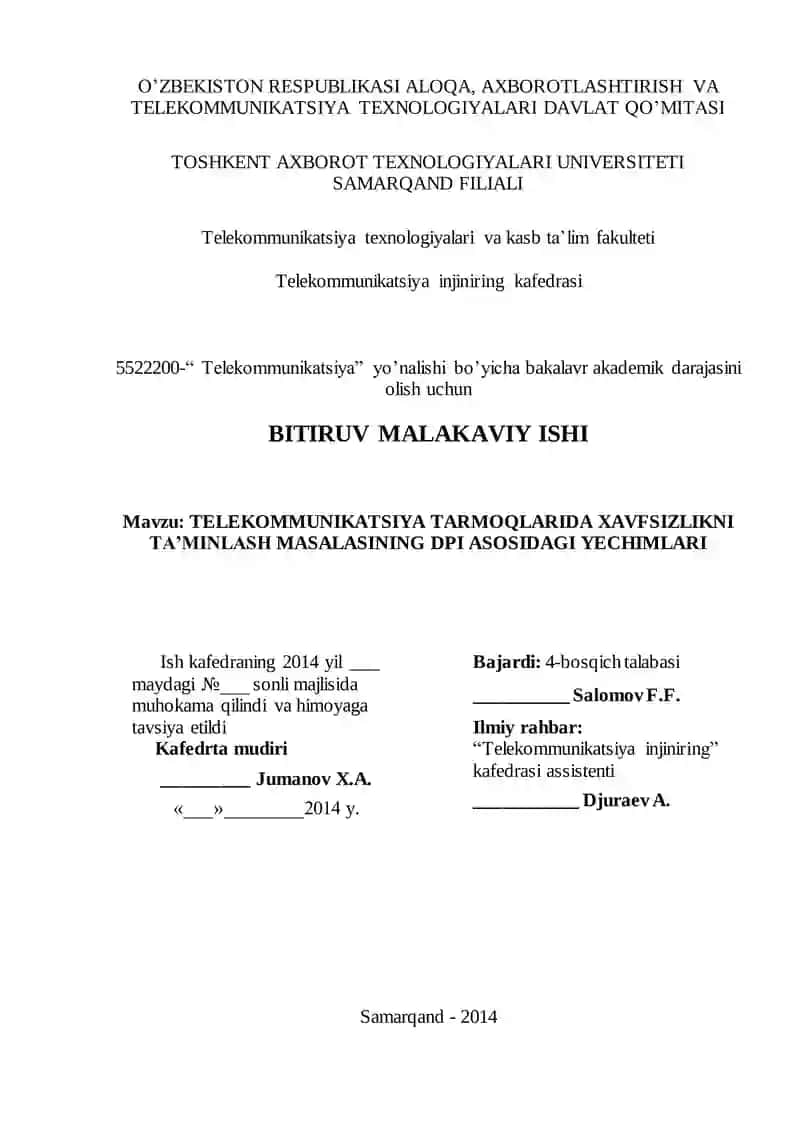 TELEKOMMUNIKATSIYA TARMOQLARIDA XAVFSIZLIKNI TA’MINLASH MASALASINING DPI ASOSIDAGI YECHIMLARI