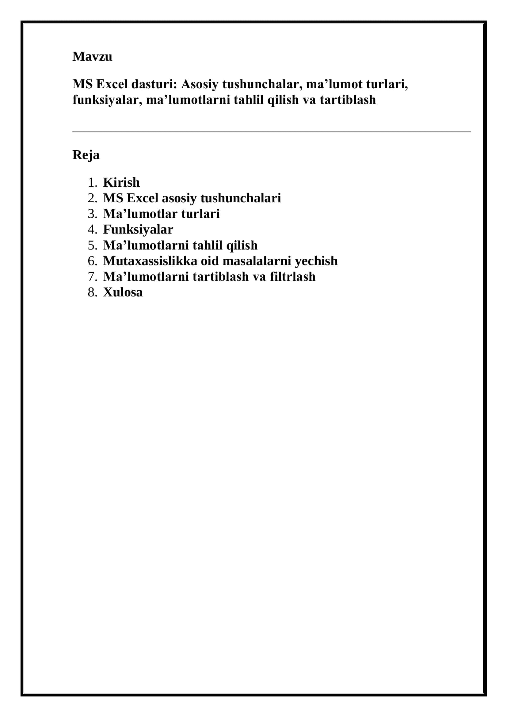 MS Excel dasturi 1