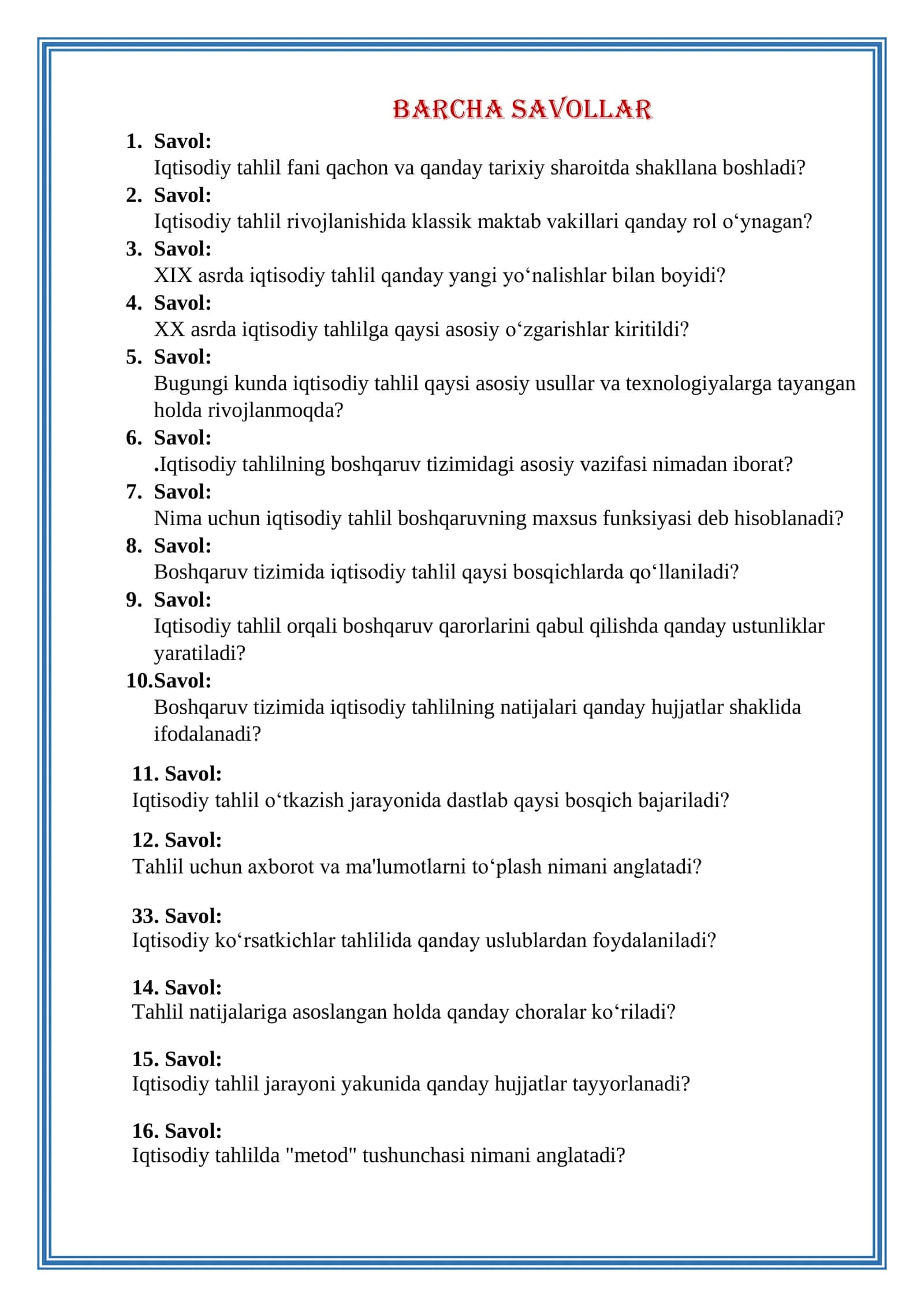 Iqtisodiy Tahlil savol va javob 1