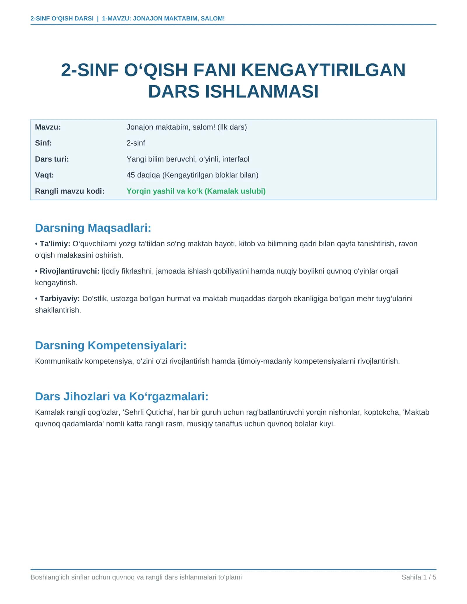 2-SINF O‘QISH FANI KENGAYTIRILGAN DARS ISHLANMASI 1