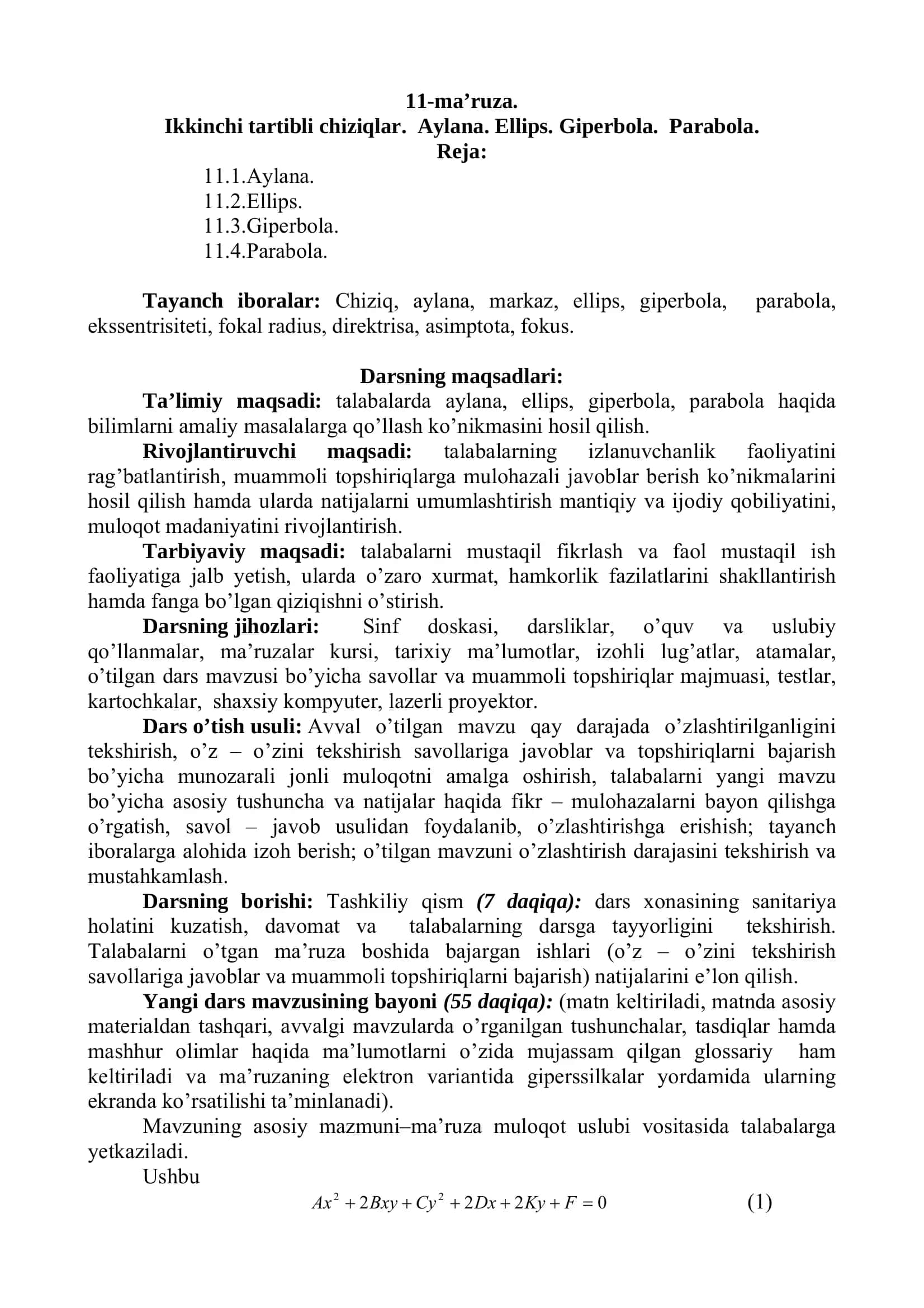 Oliy matematika: Ikkinchi tartibli chiziqlar: aylana, ellips, giperbola, parabola (PDF ma’ruza) 1