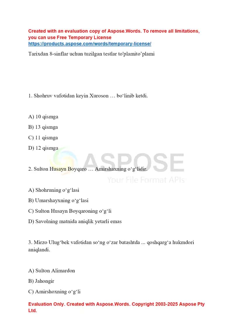 Tarixdan testlar 1