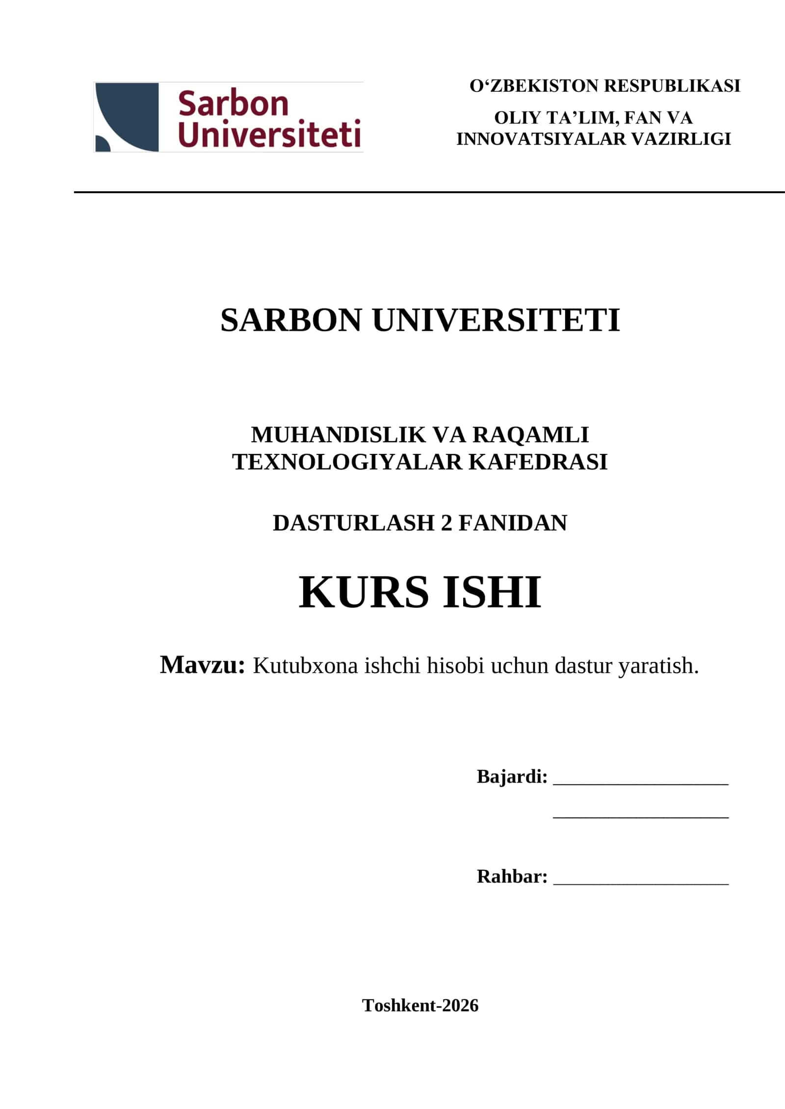 Kutubxona ishchi hisobi uchun dastur yaratish 1