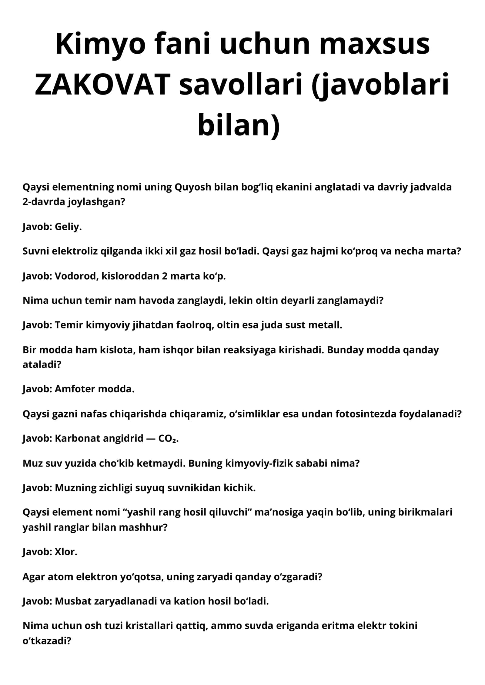 Kimyo fani uchun maxsus ZAKOVAT savollari (javoblari bilan) 1