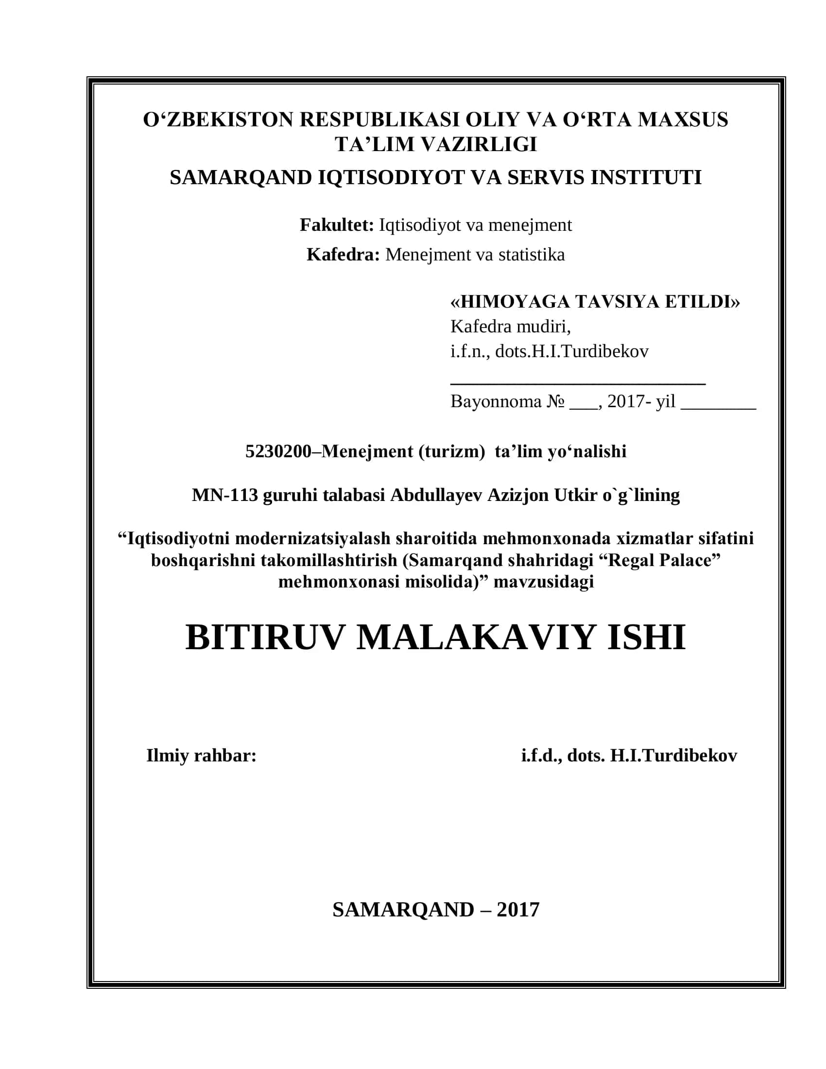 Mehmonxonada xizmatlar sifatini boshqarish 1
