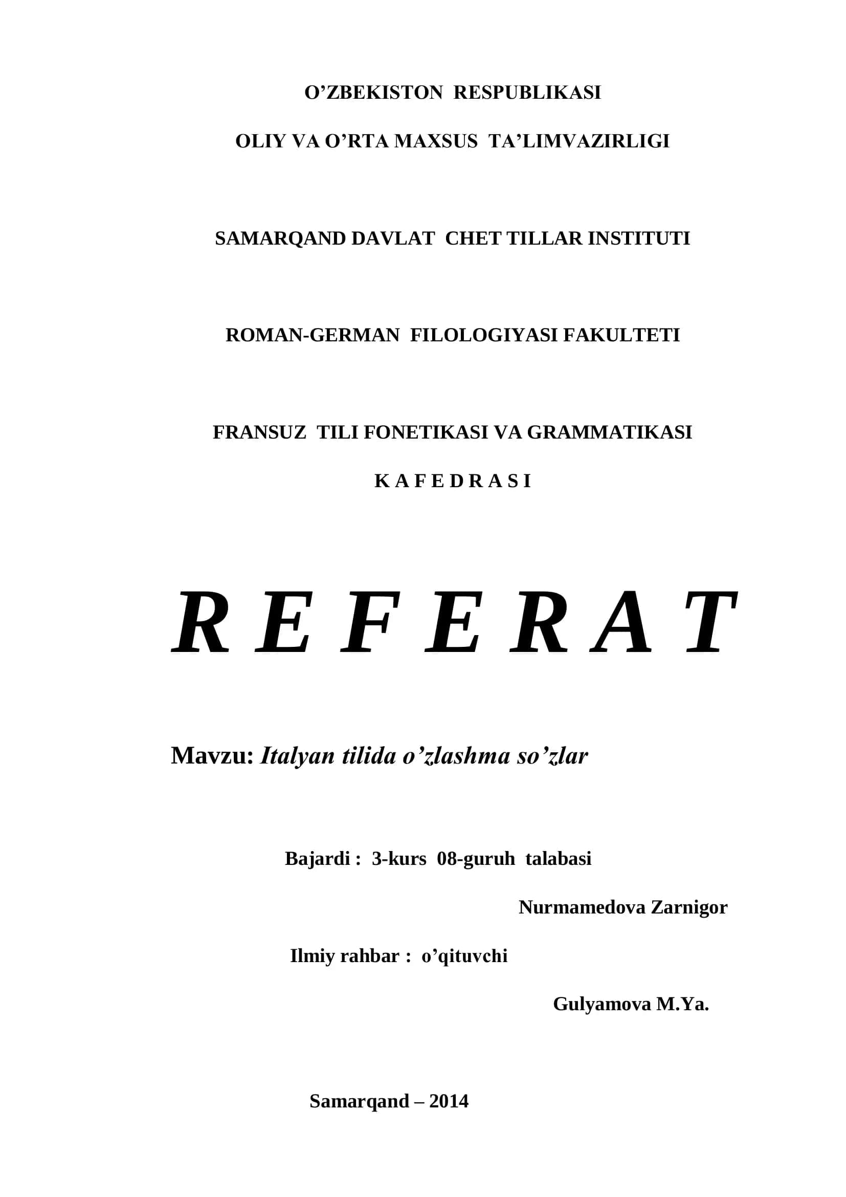 Italyan tilida o’zlashma so’zlar 1