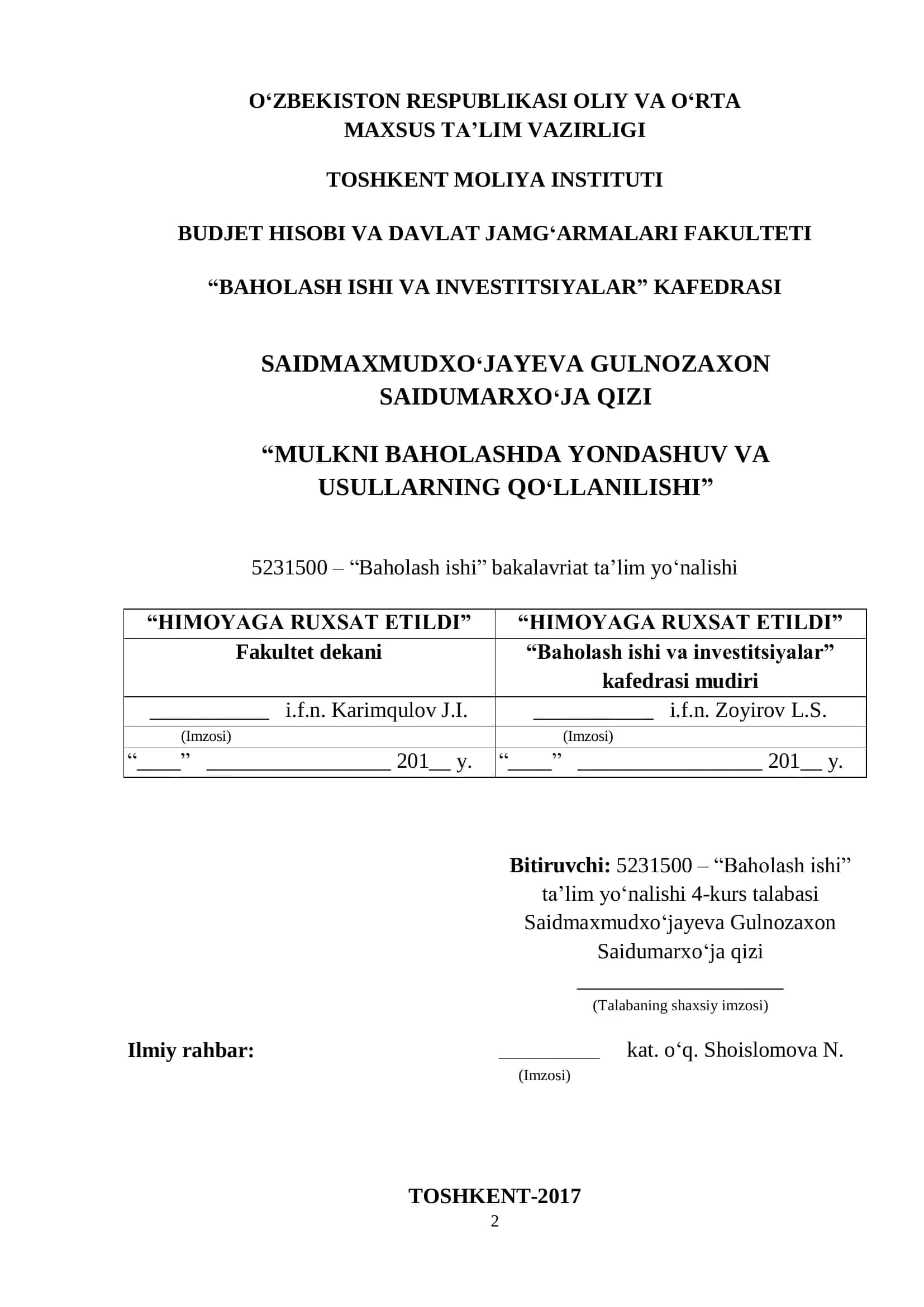 MULKNI BAHOLASHDA YONDASHUV VA USULLARNING QO„LLANILISHI 1