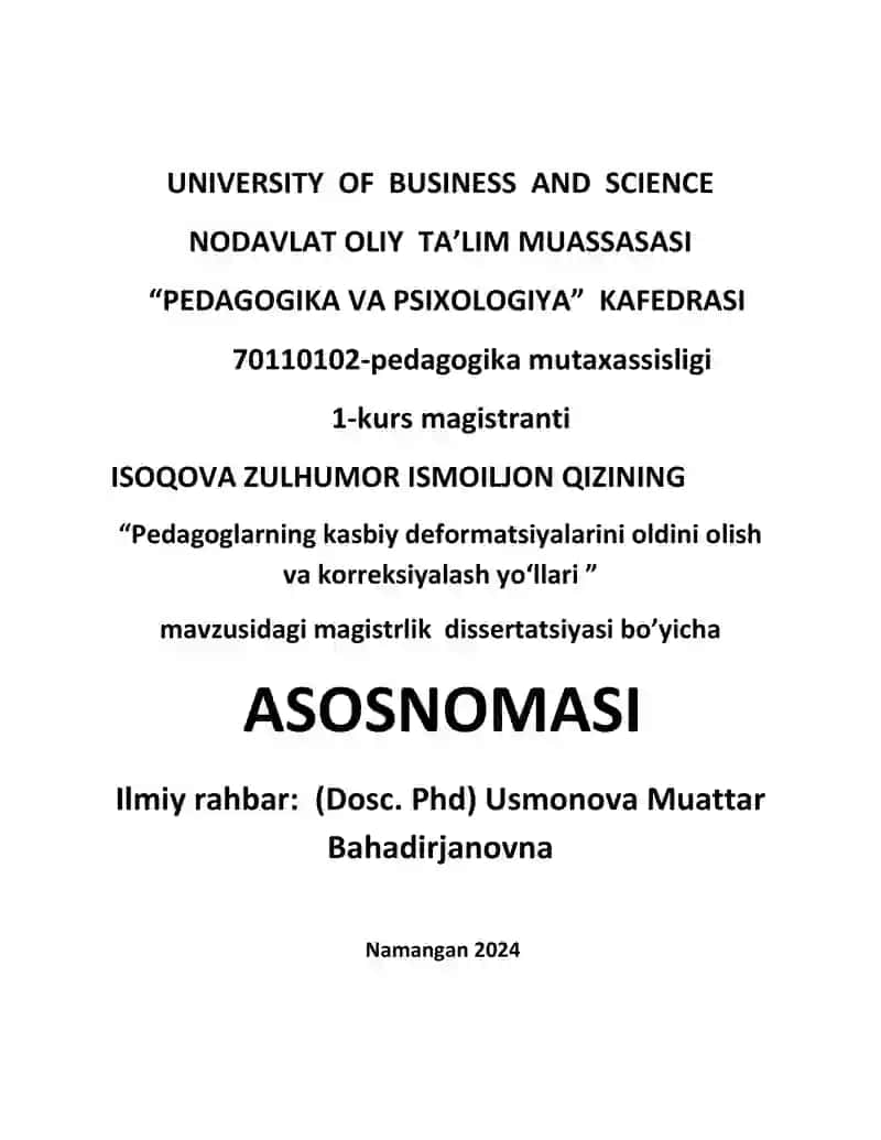 Pedagoglarning kasbiy deformatsiyalarini oldini olish va korreksiyalash yoʻllari