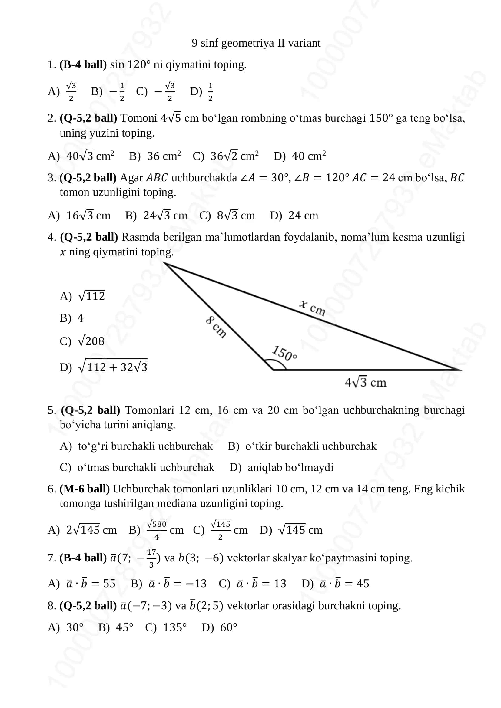 9 sinf geometriya II variant 1