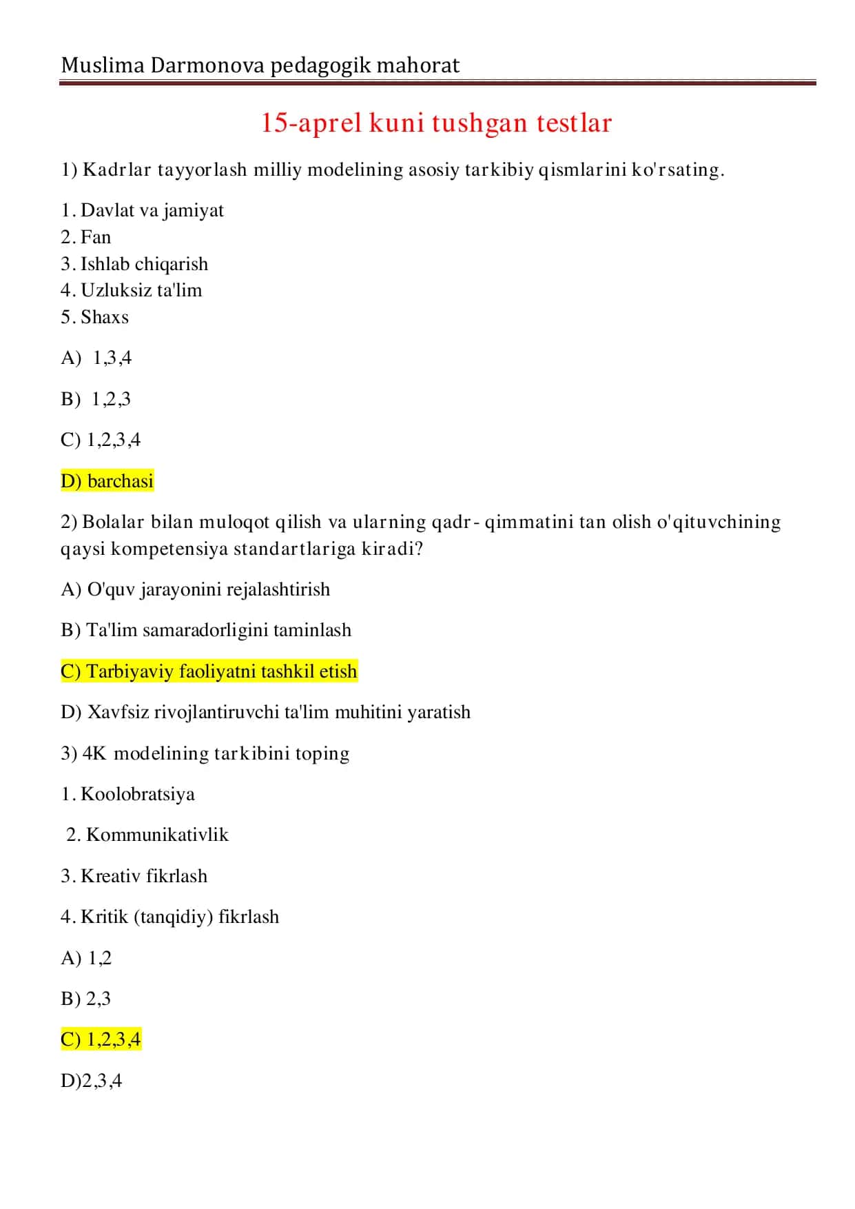 2025-yil tushgan testlar to'plami Atestatsiya. 1