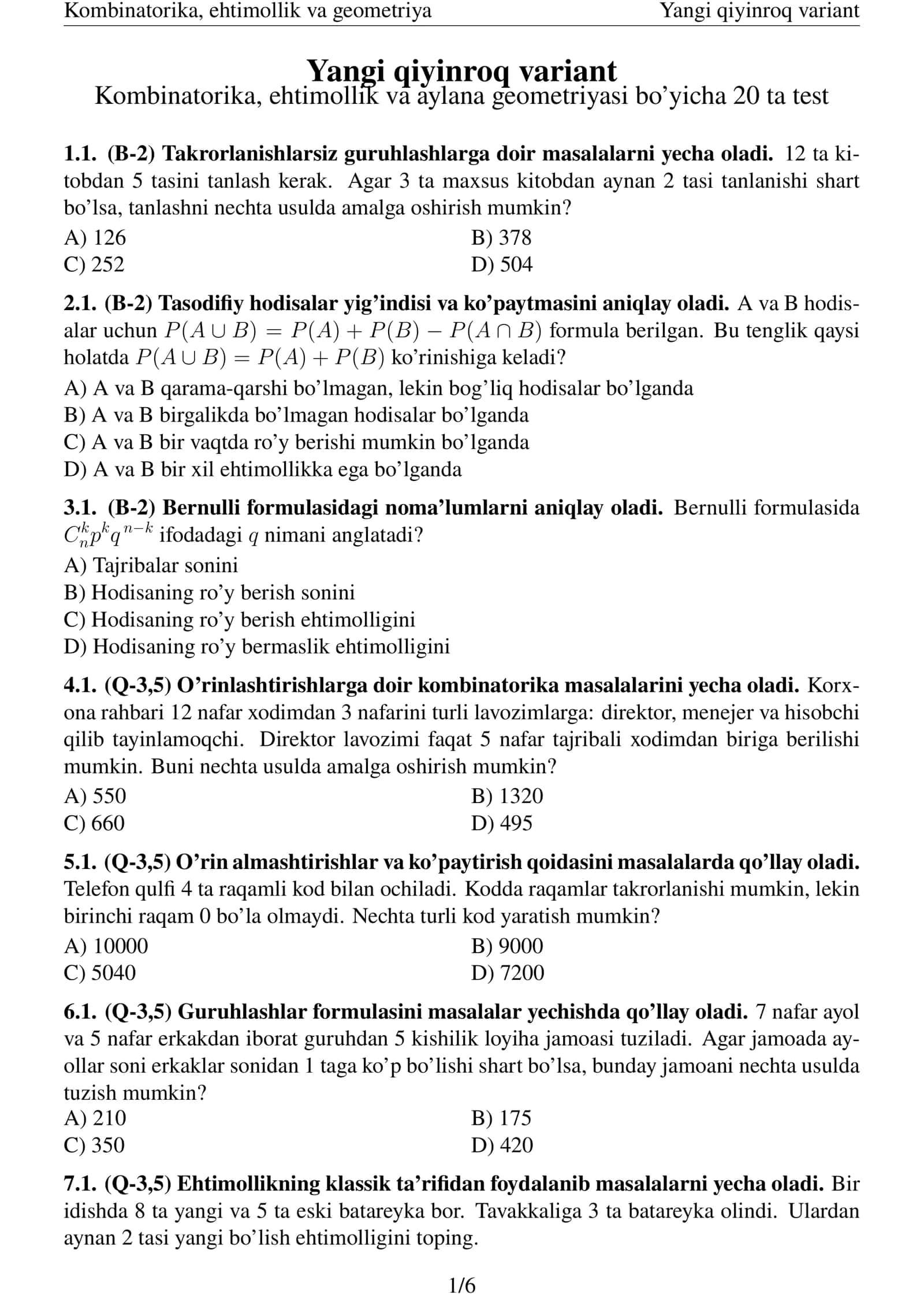 Kombinatorika, ehtimollik va geometriya 1