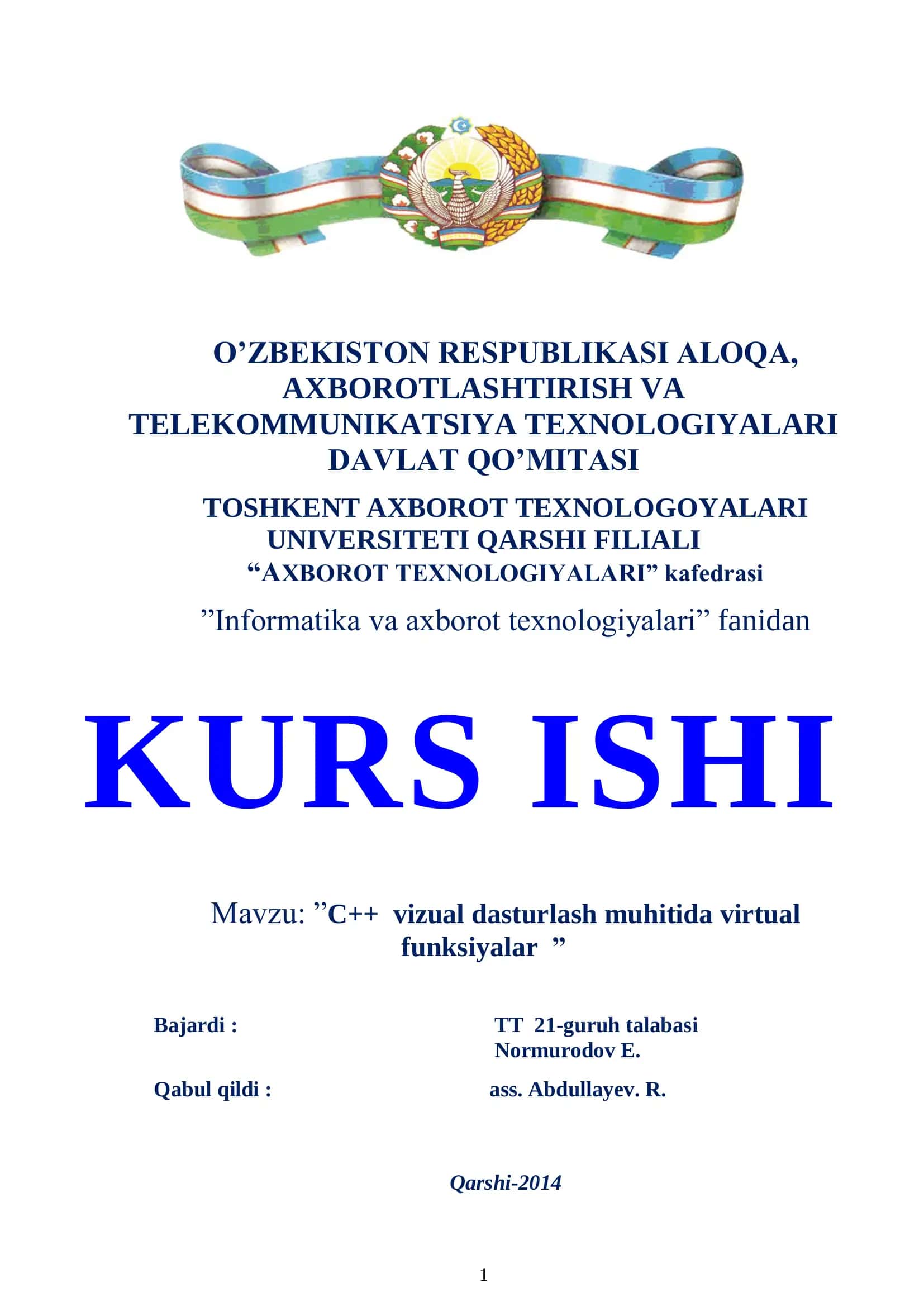 ”C++ vizual dasturlash muhitida virtual funksiyalar” 1