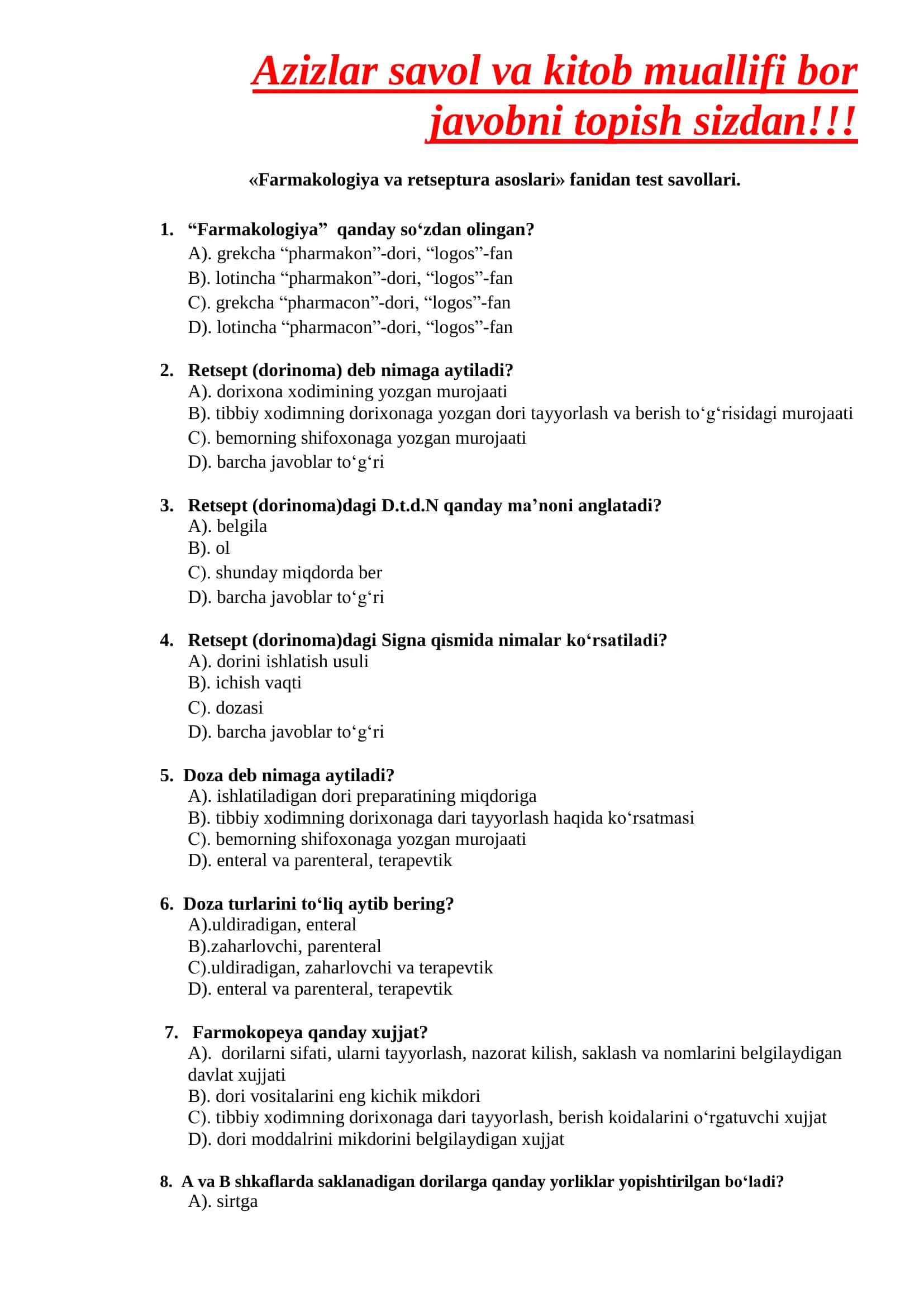 Farmakologiya va retseptura asoslari test savollari 1