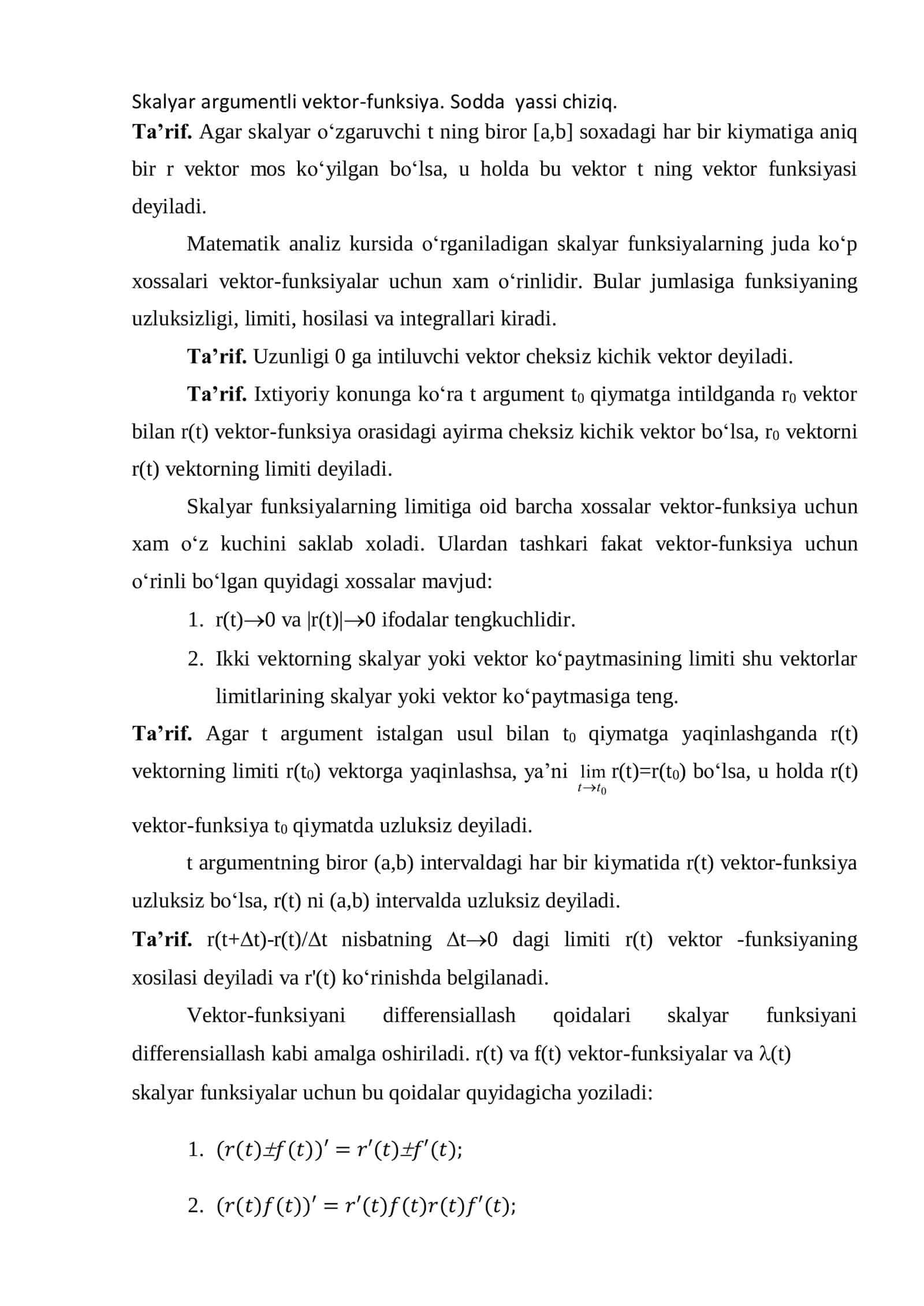 Skalyar argumentli vektor-funksiya 1