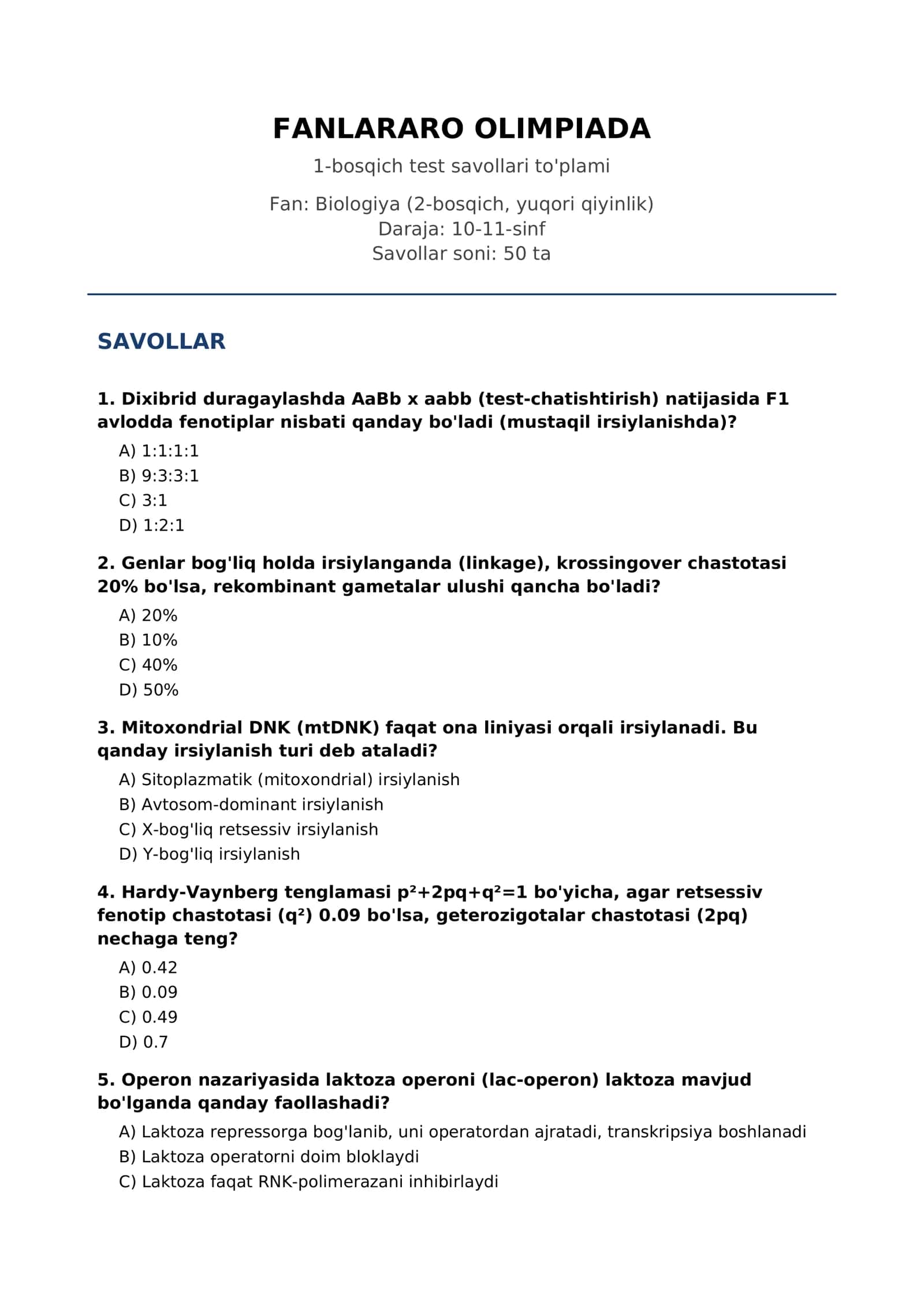FANLARARO OLIMPIADA 2-bosqich test savollari to'plami 1