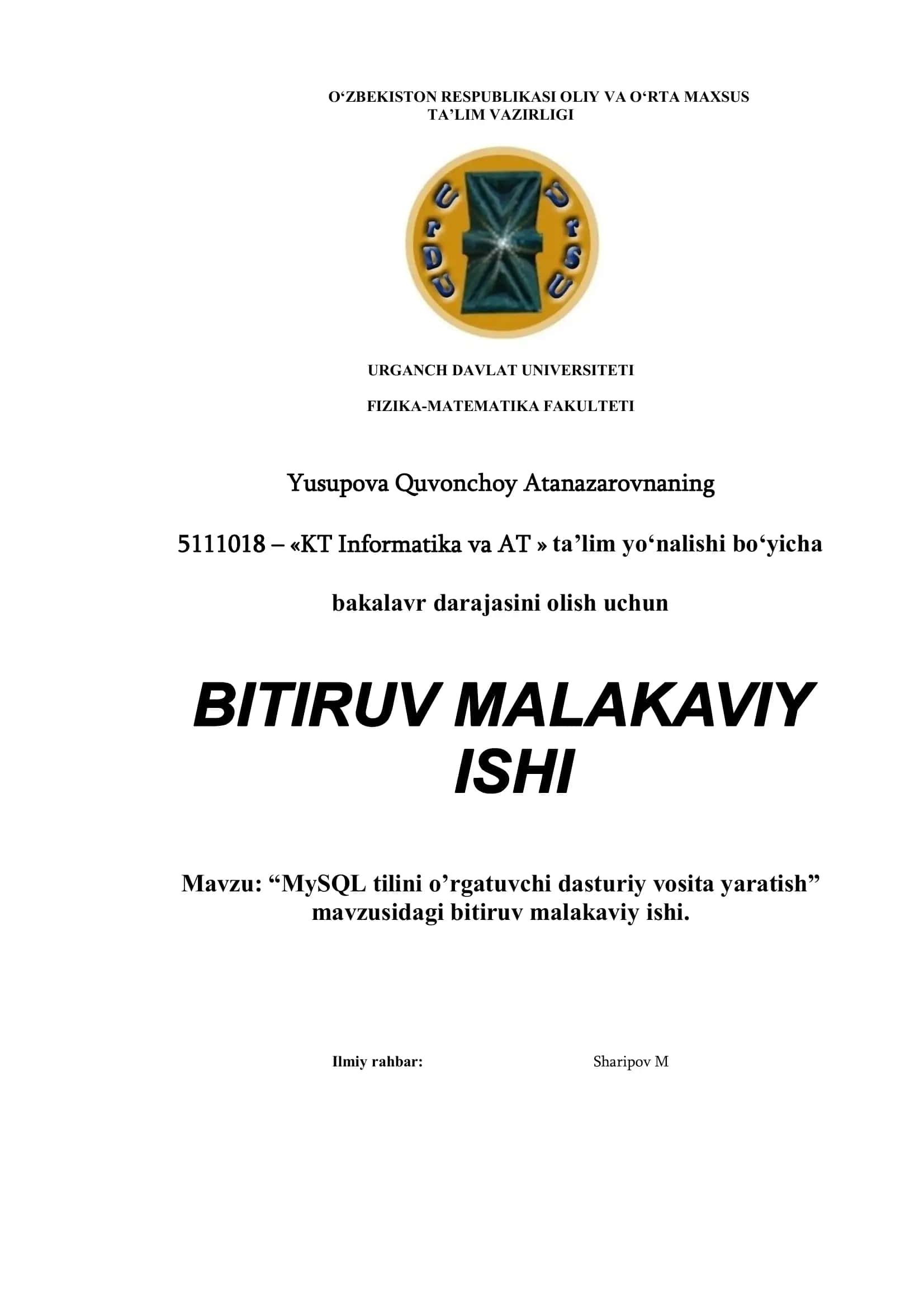 MySQL tilini o’rgatuvchi dasturiy vosita yaratish 1