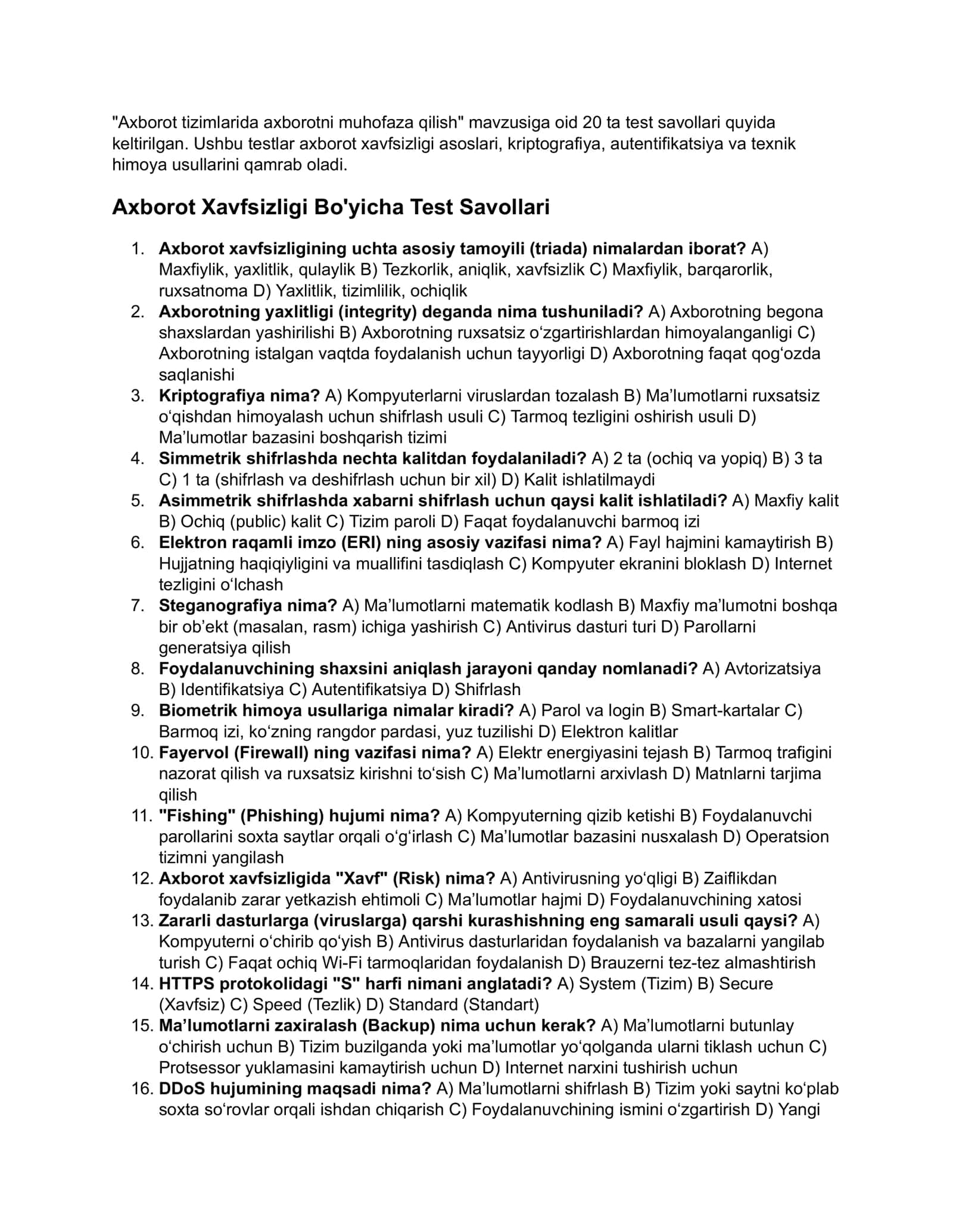 Axborot xavfsizligi fanidan test 1