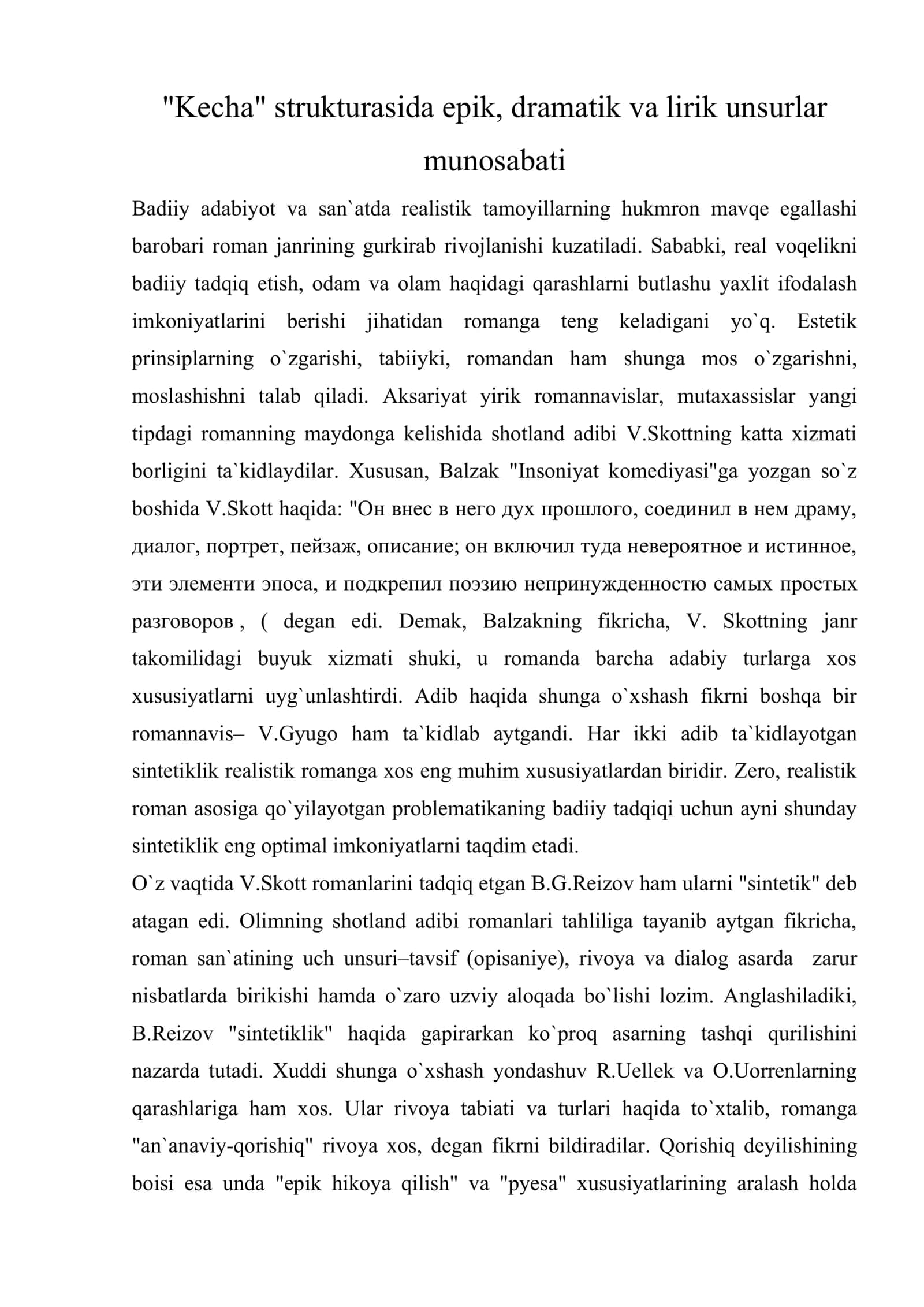 "Kecha" strukturasida epik, dramatik va lirik unsurlar munosabati 1