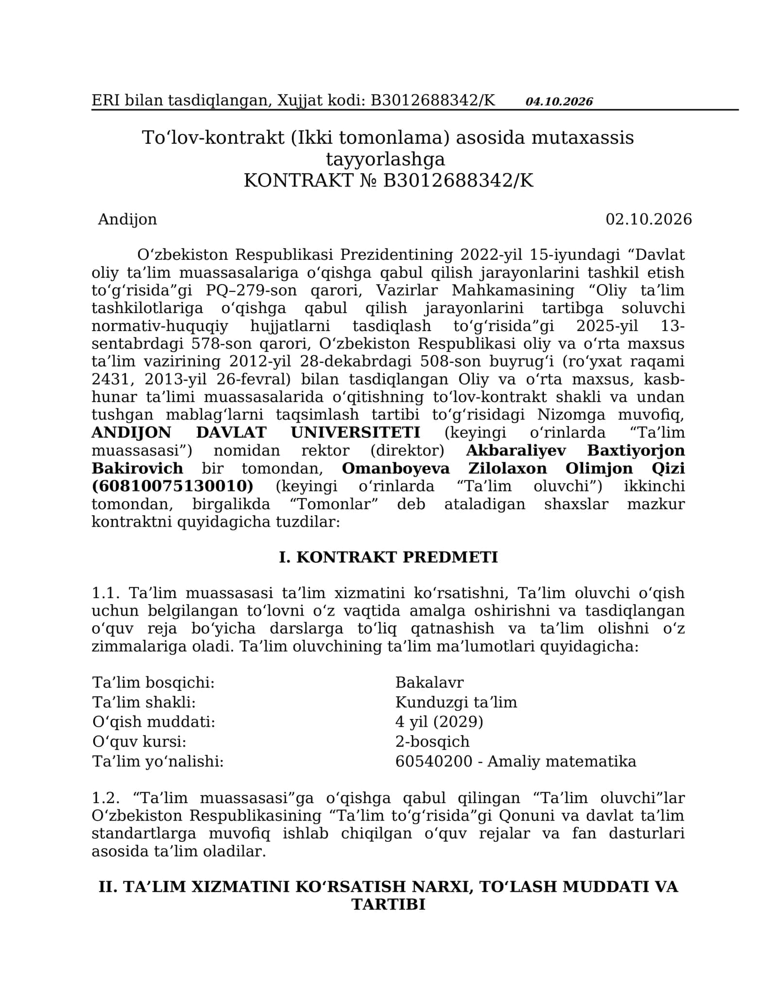 "To‘lov-kontrakt (Ikki tomonlama) asosida mutaxassis tayyorlashga" 1