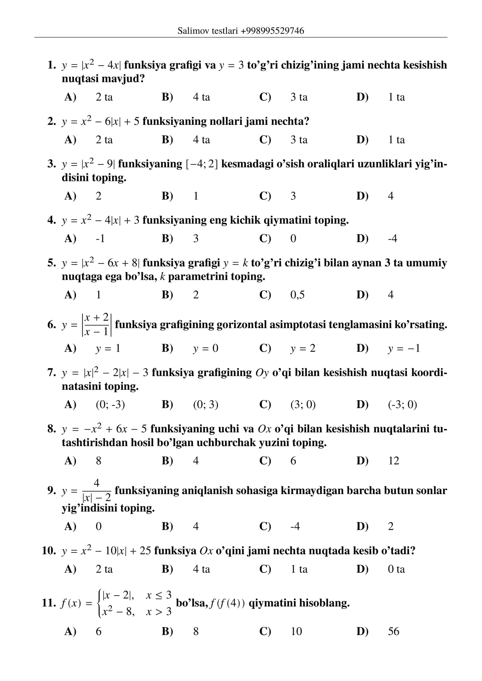 Matematika testlar 1