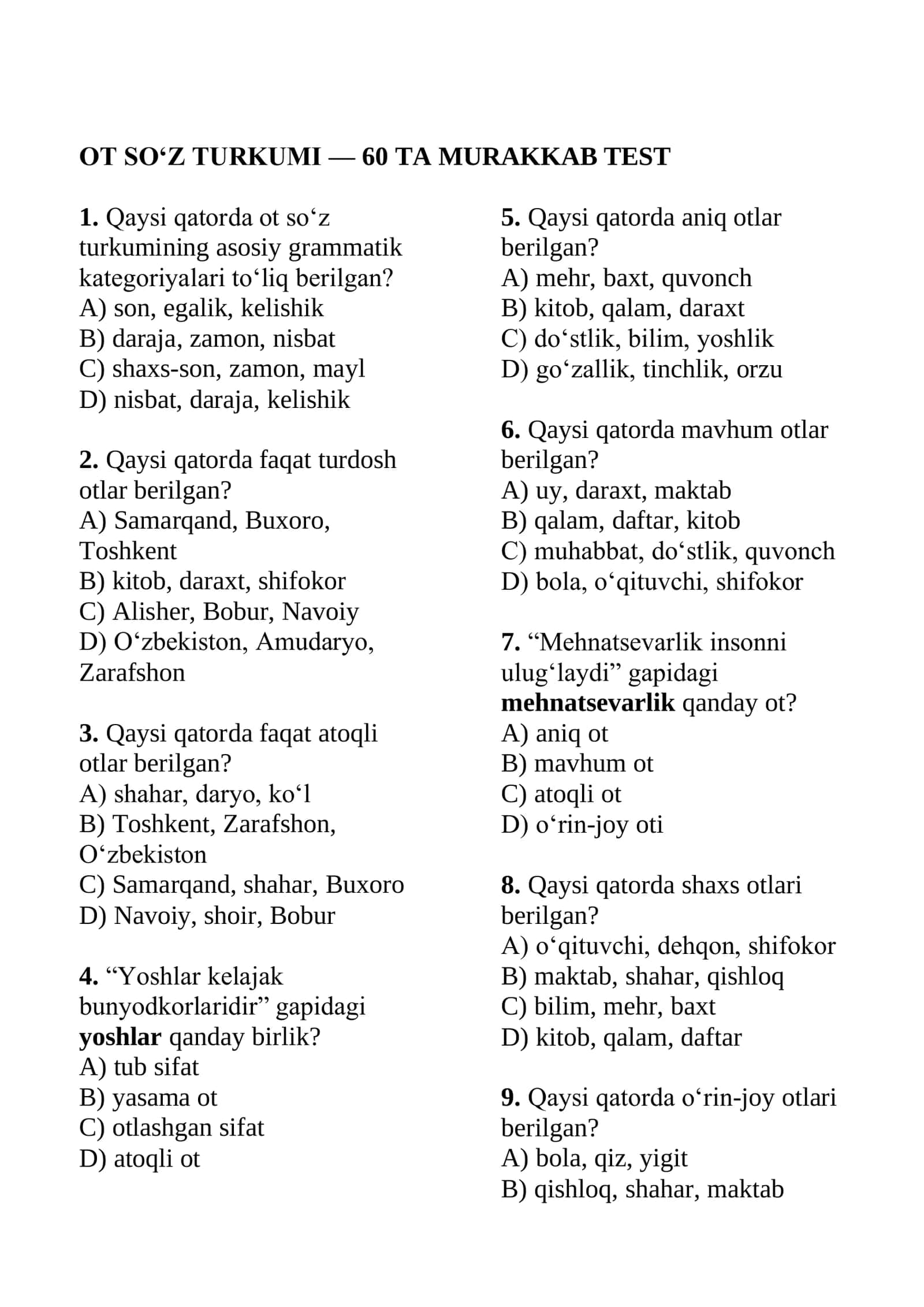Ona tili, ot so'z turkumiga oid 60ta test javobli 1