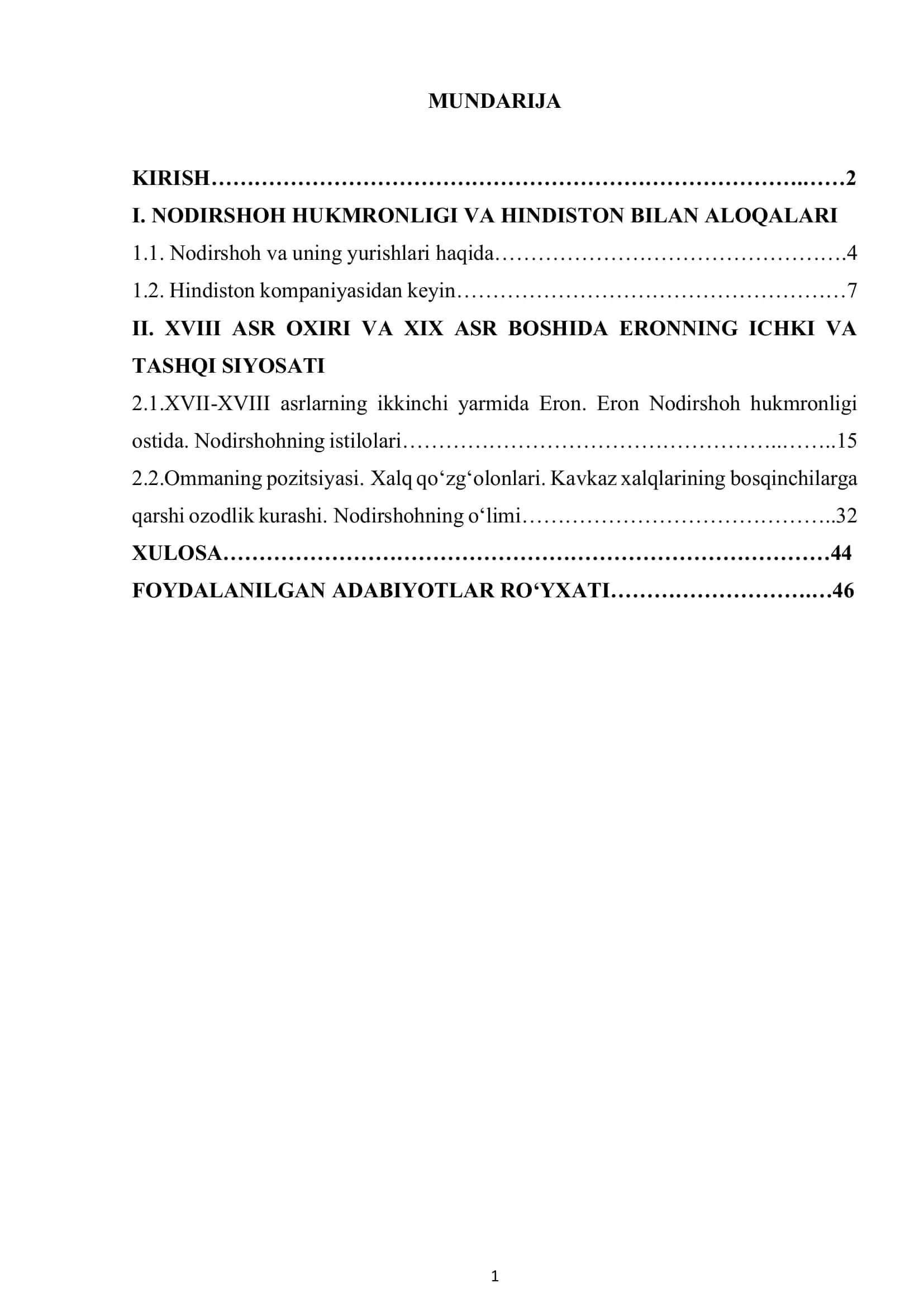 Nodirshoh hukmronligi va uning olib borgan ichki va tashqi siyosati 1