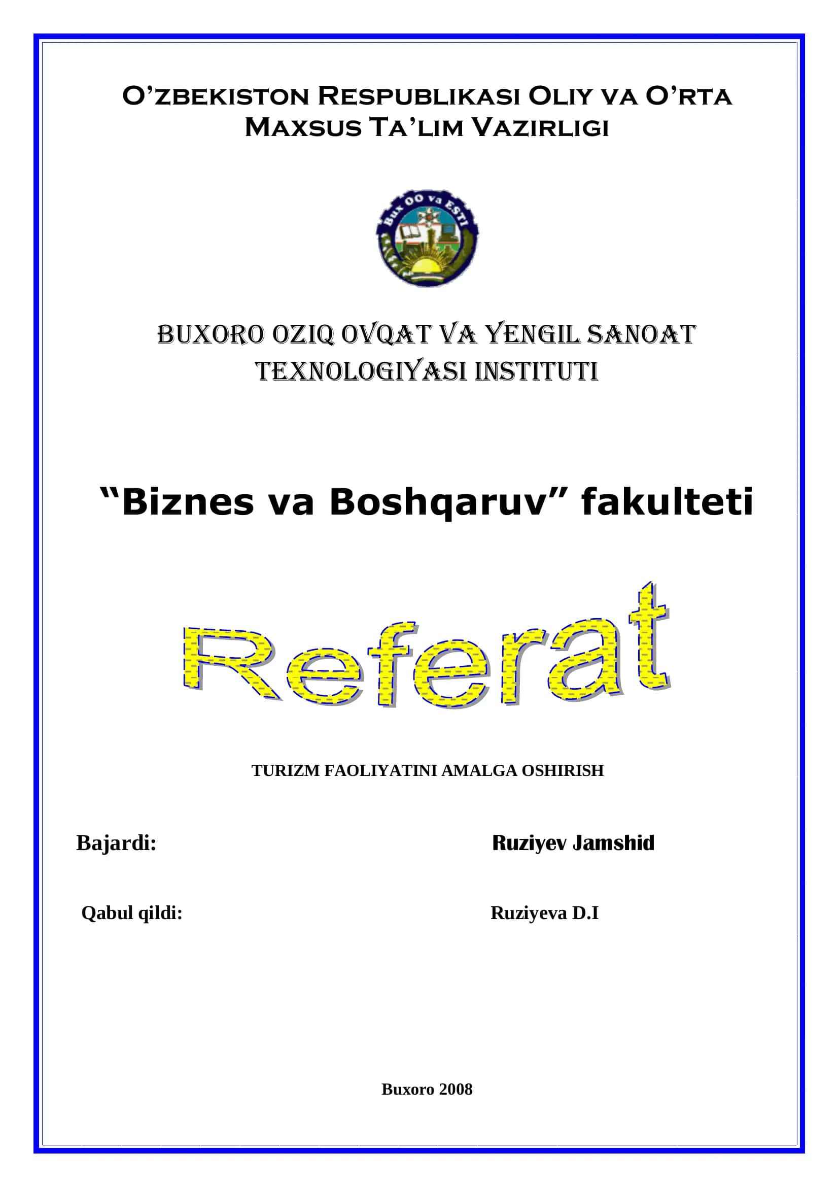 TURIZM FAOLIYATINI AMALGA OSHIRISH 1