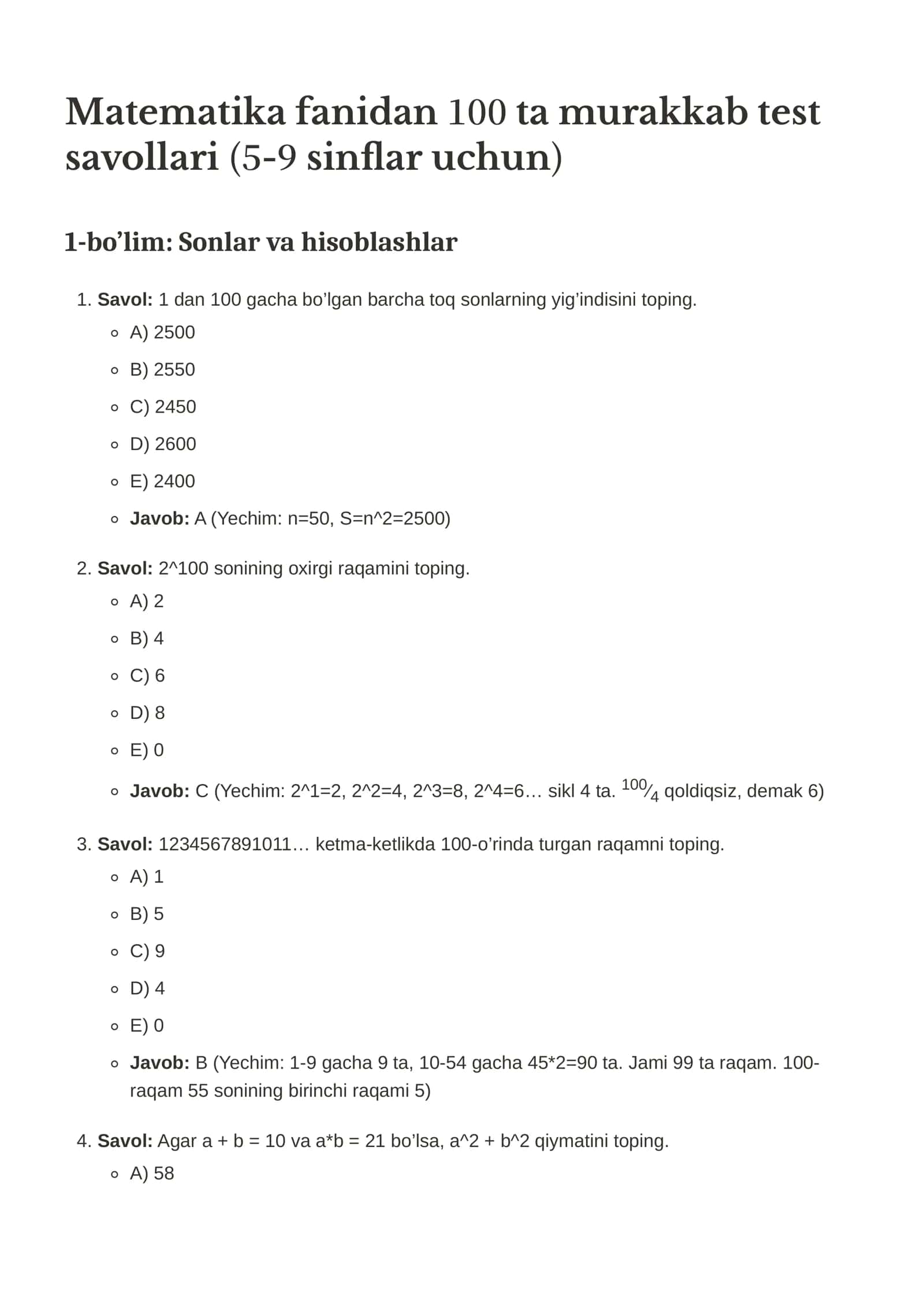 100 ta murakkab test savollari 1