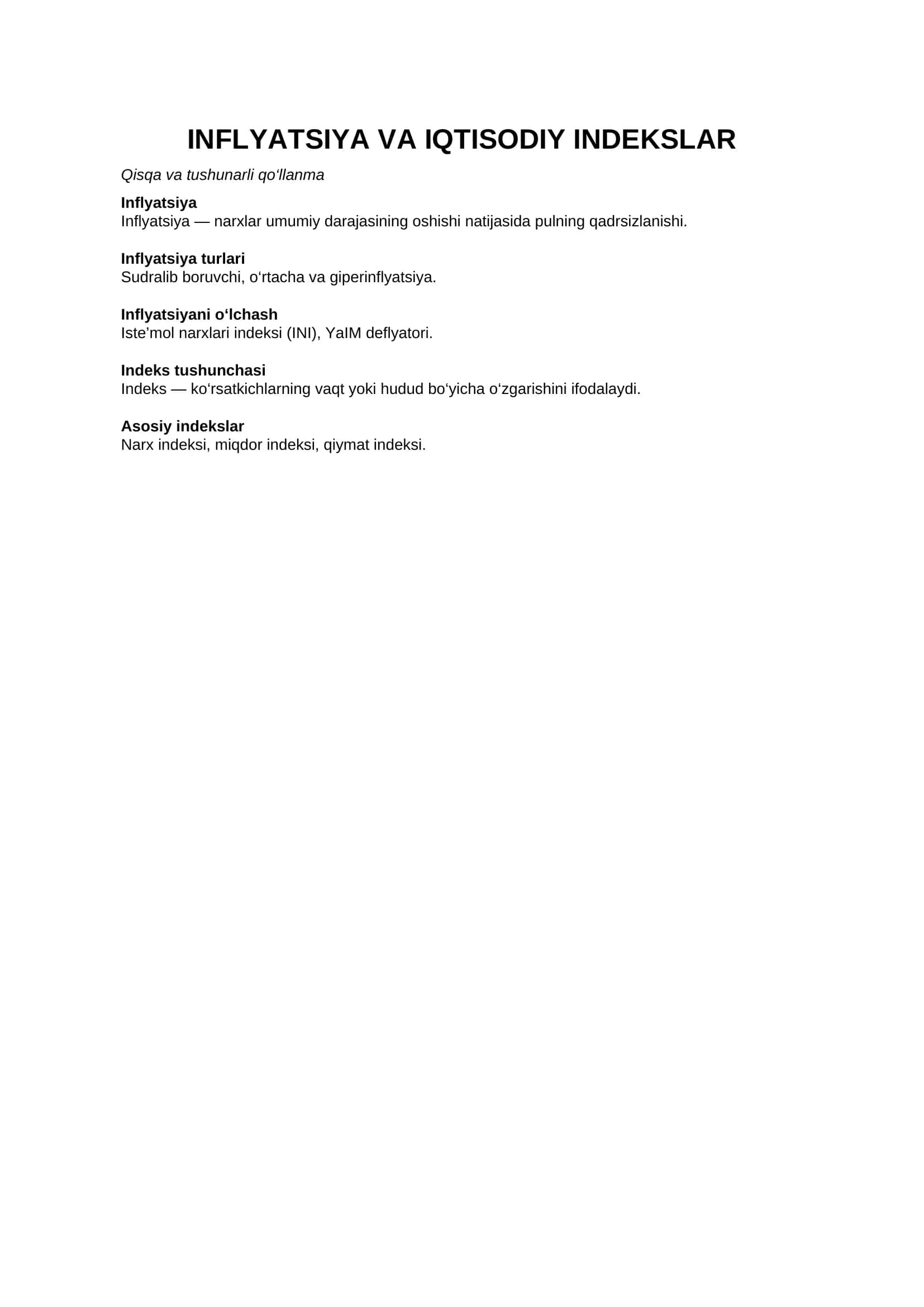 Inflyatsiya va iqtisodiy indekslar (qisqa qo‘llanma) 1