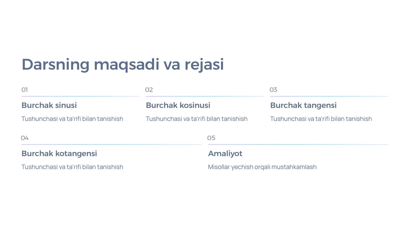 Burchakning sinusi, kosinusi, tangensi va kotangensi 2