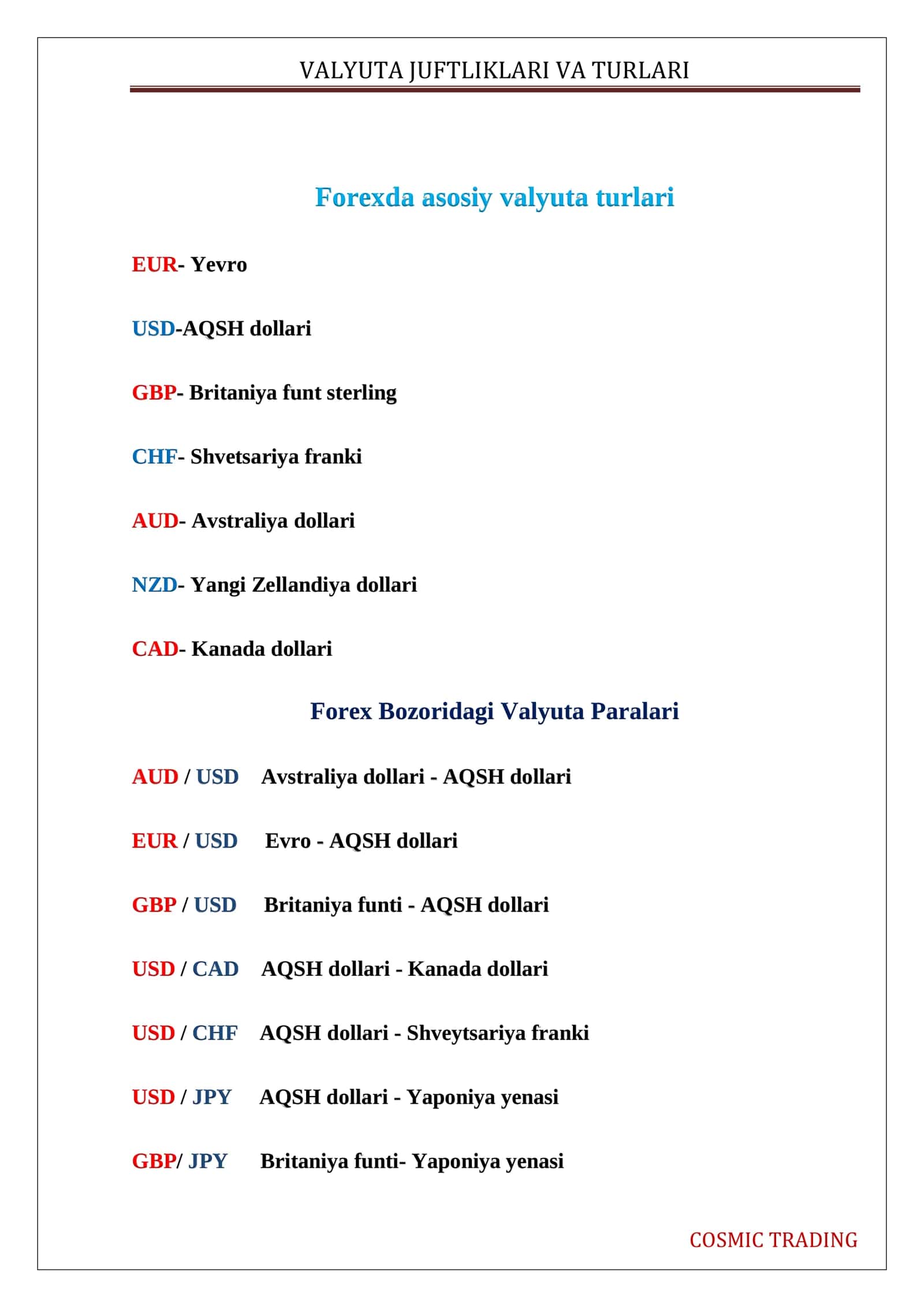 VALYUTA JUFTLIKLARI VA TURLARI 2