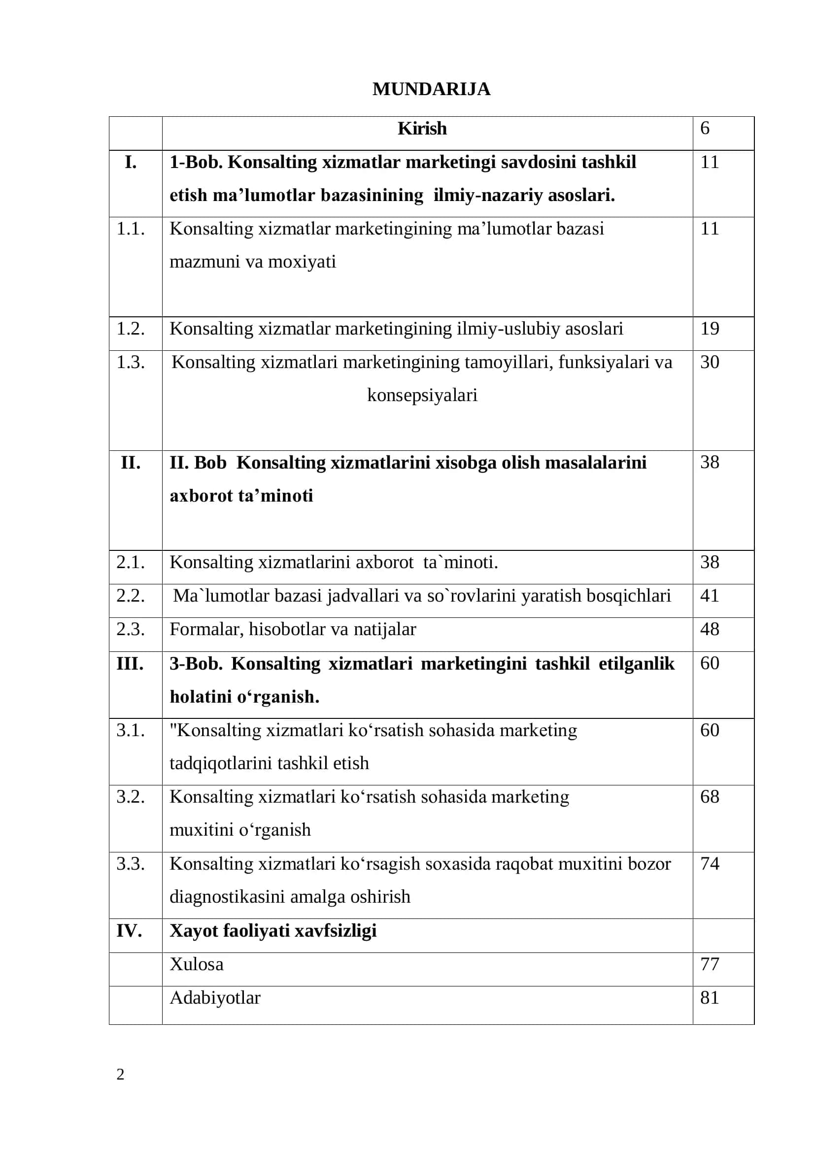 "Konsalting xizmatlar marketingi savdosini tashkil etish ma’lumotlar bazasini yaratish" 2