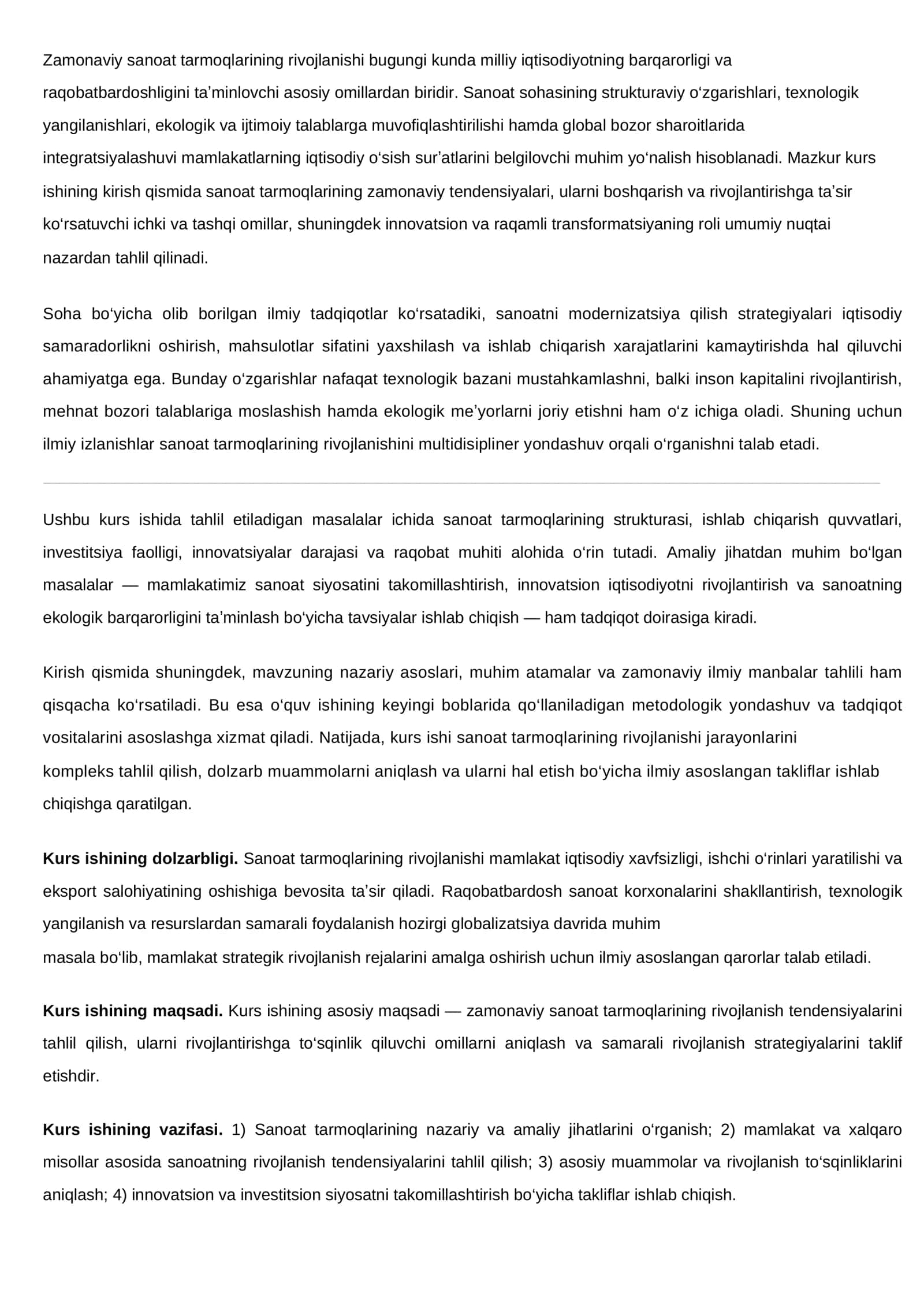 “ZAMONAVIY SANOAT TARMOQLARNING RIVOJLANISHI” KURS ISHI 2