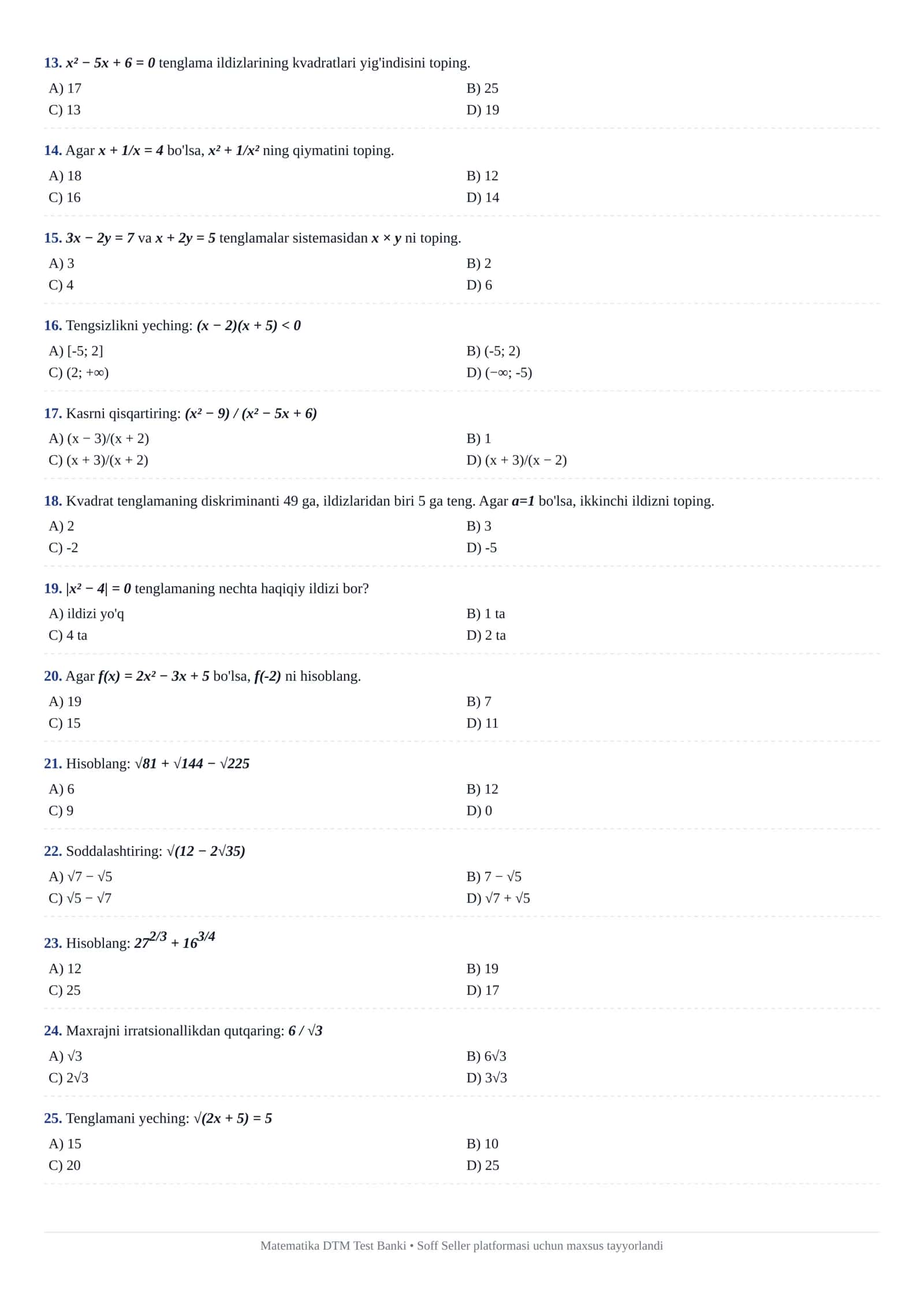 MATEMATIKA — DTM STANDARTIDAGI TESTlar 2