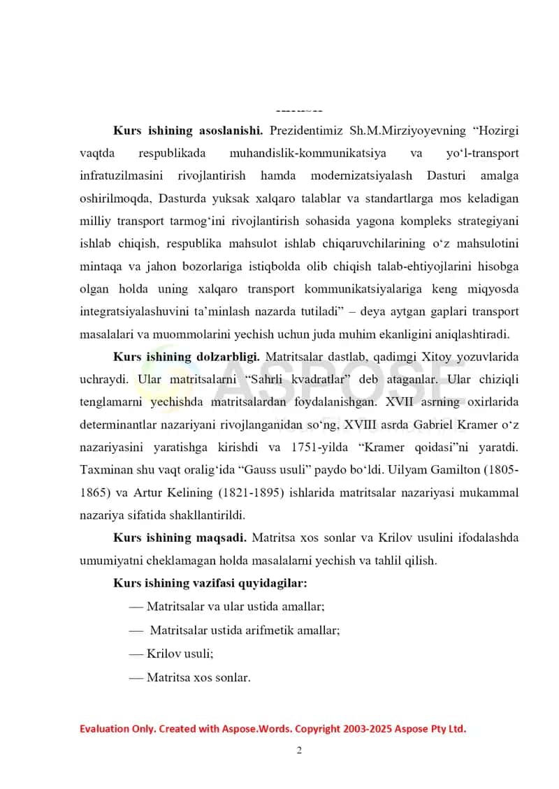 Matritsa xos sonni topish usullari. Krilov usuli 2