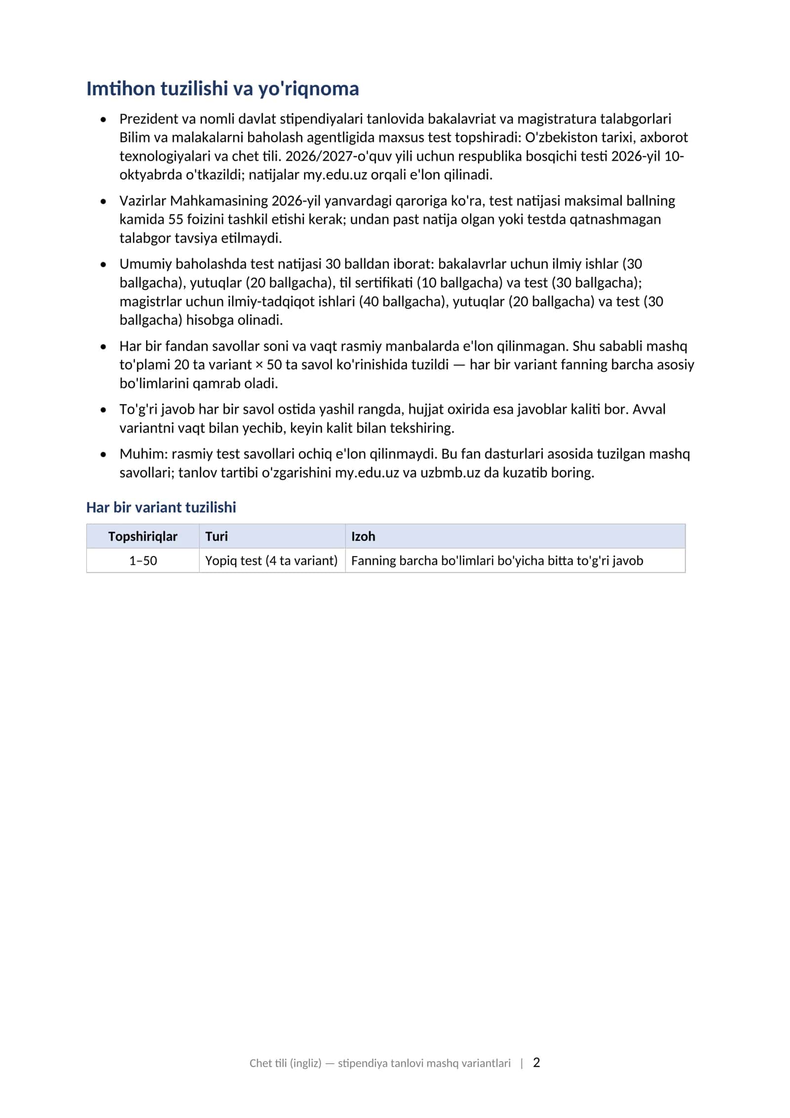 CHET TILI (INGLIZ TILI) Prezident va nomli davlat stipendiyalari tanlovi testiga tayyorgarlik: variantlar to'plami (2026–2027) 2