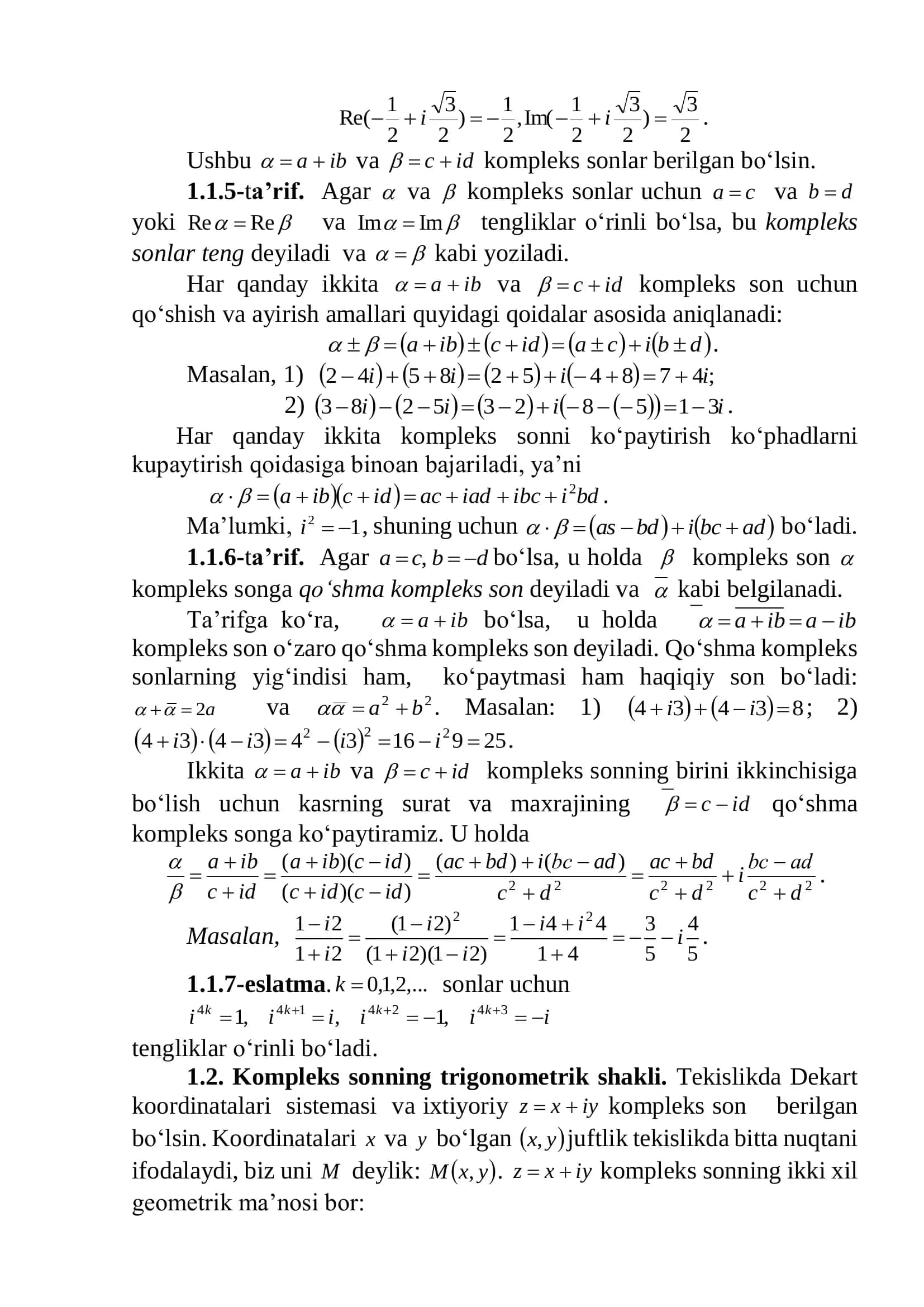 KOMPLEKS SONNING ALGEBRAIK, TRIGONOMETRIK VA KO‘RSATKICHLI SHAKLI. KOMPLEKS SONLAR USTIDA AMALLAR 2