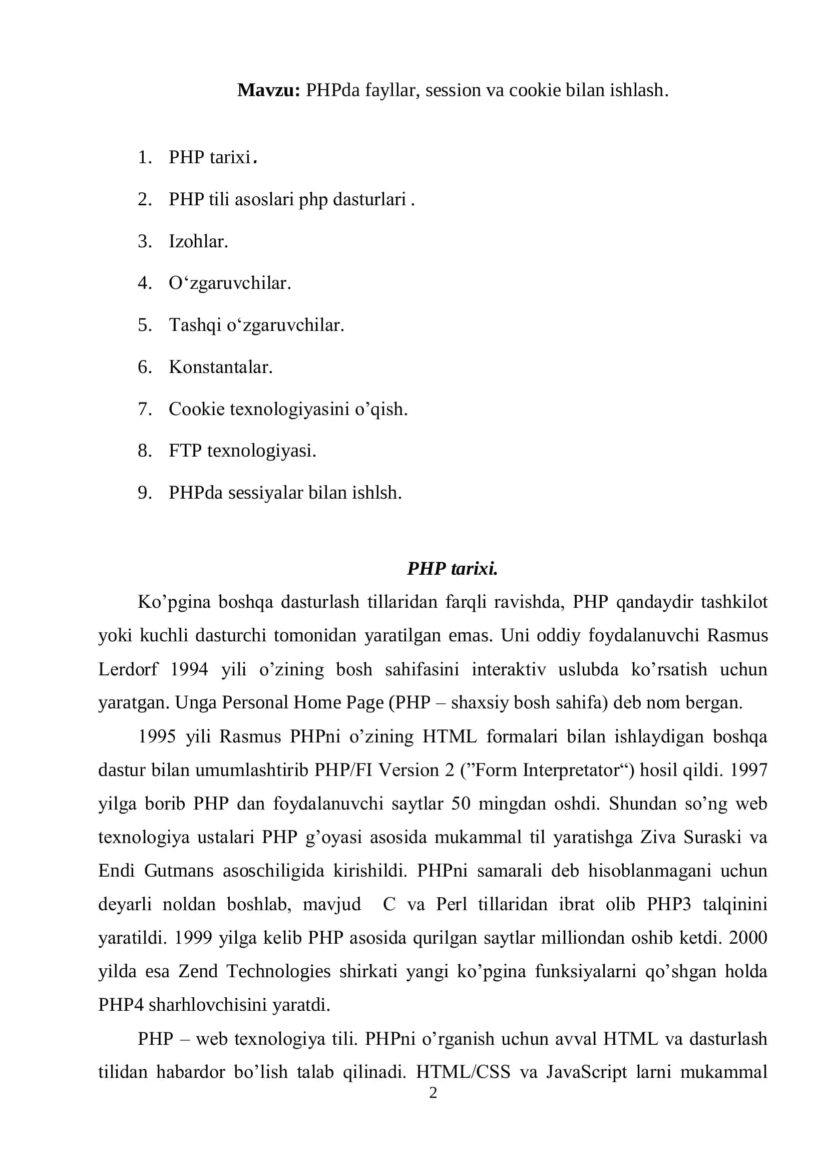 PHPda fayllar, session va cookie bilan ishlash 2
