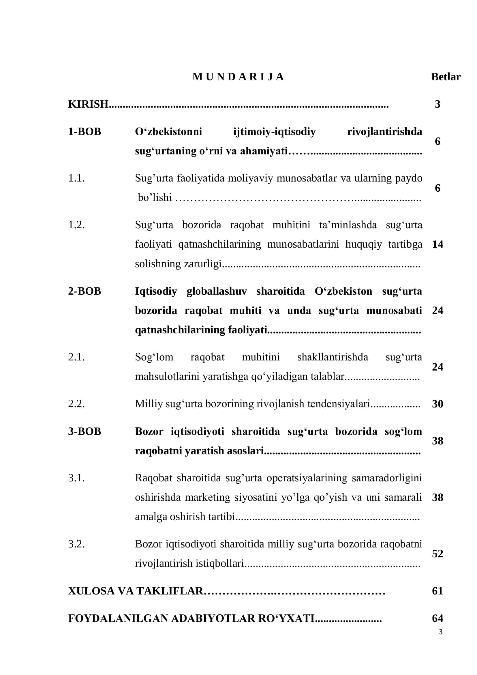 O‘ZBEKISTON RESPUBLIKASI OLIY VA O‘RTA MAXSUS TA'LIM VAZIRLIGITOSHKENT MOLIYA INSTITUTI “SUG’URTA ISHI” KAFEDRASI ABDULLAYEV DILSHOD BOBOJON O’G’LI BOZOR IQTISODIYOTI SHAROITIDA O’ZBEKISTON SUG’URTA BOZORIDA RAQOBATNI RIVOJLANTIRISH BITIRUV MALAKAVIY ISHI 2