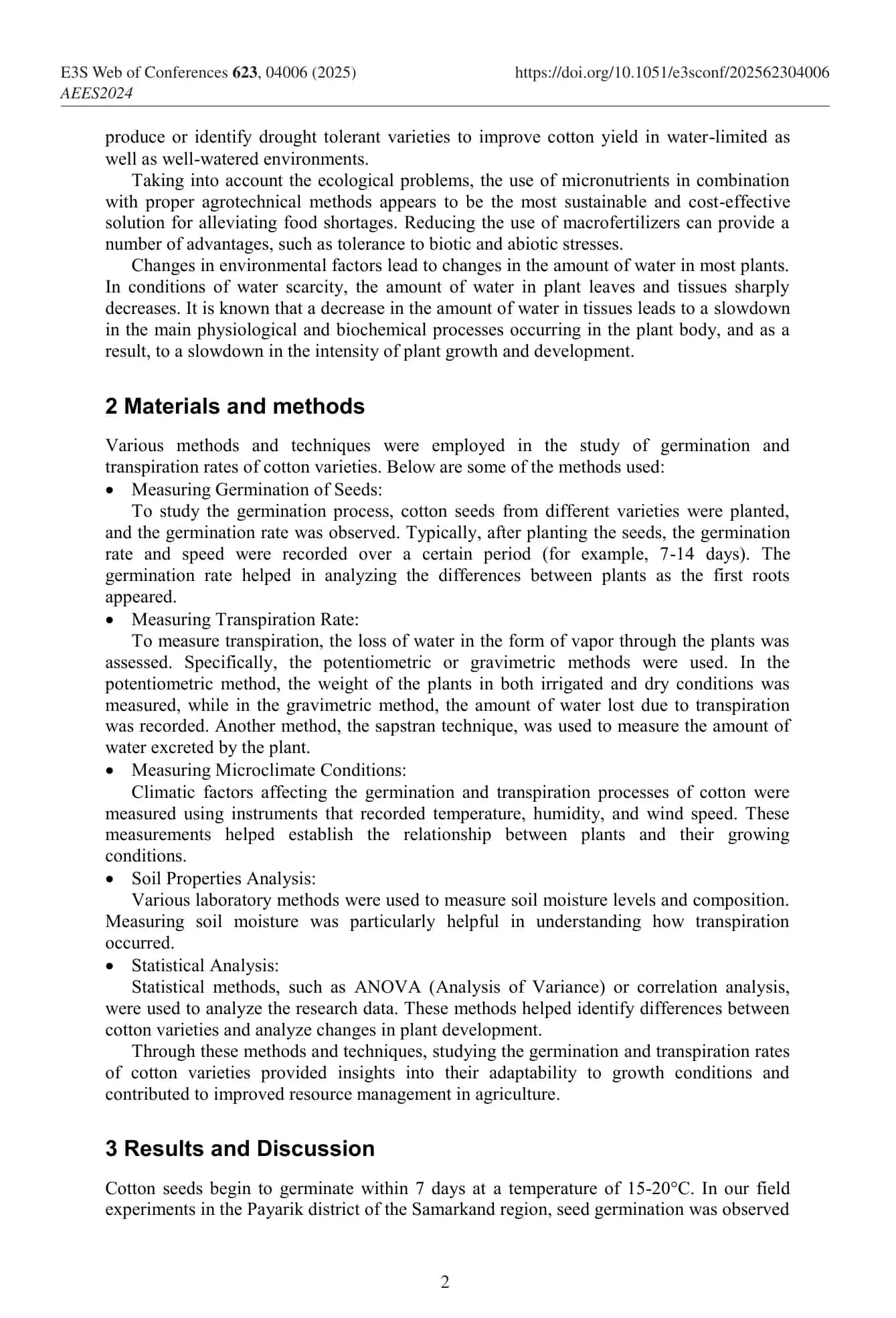 Germination and Transpiration Intensity of Cotton Varieties 2
