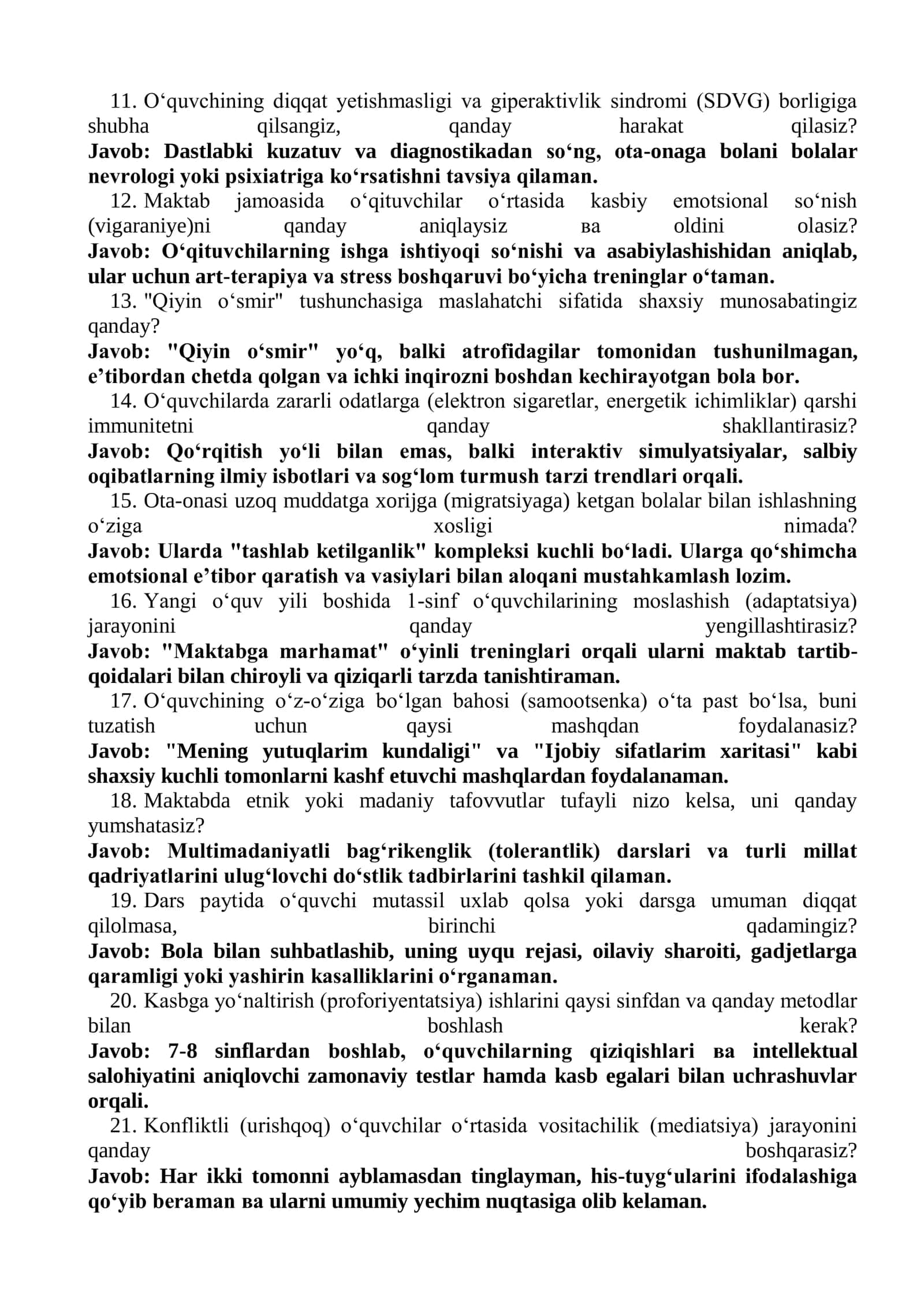 Maktab maslahatchisi lavozimi uchun suhbat savollari va javoblari 2