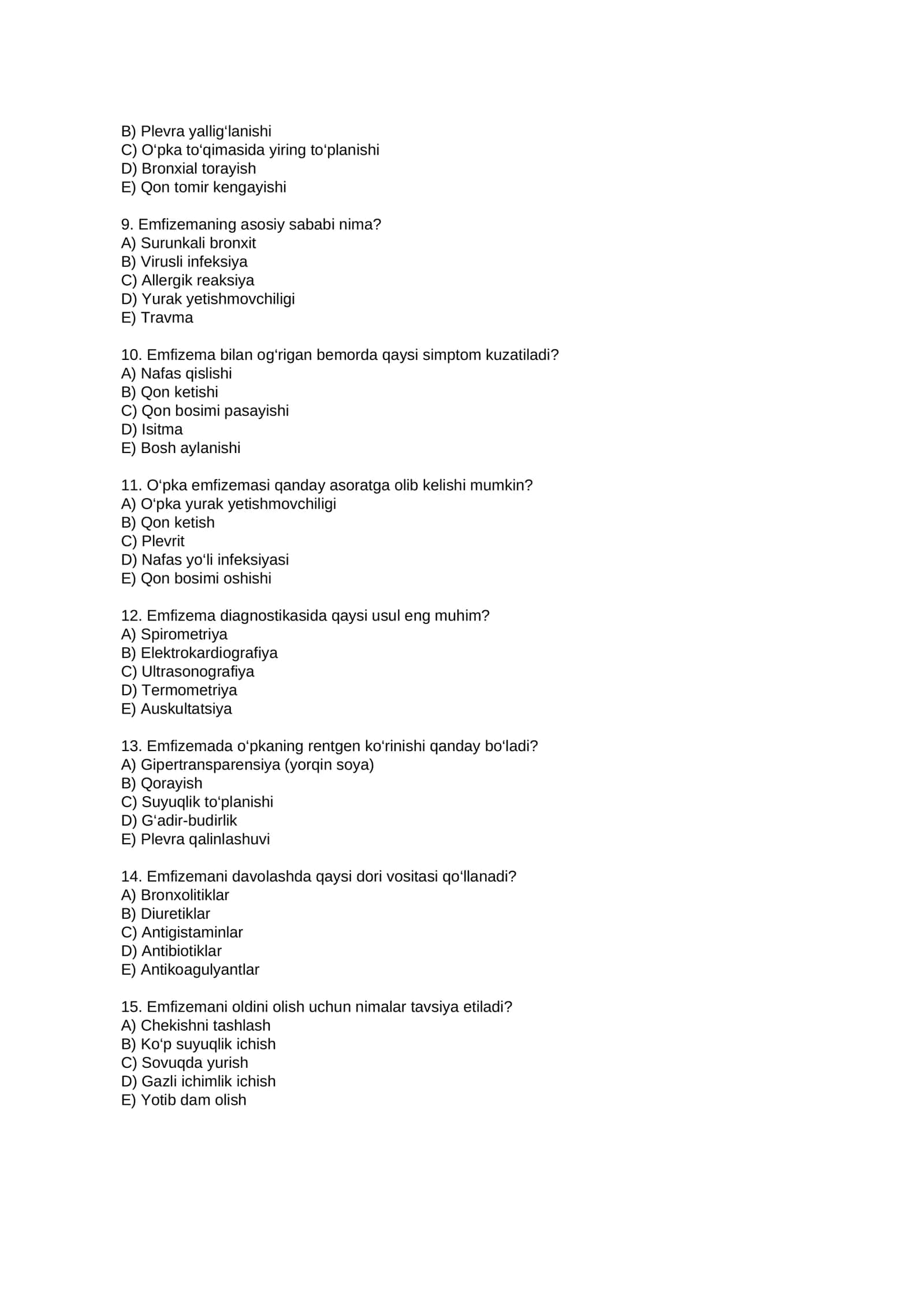 Plevritlar va O‘pka Emfizemasi bo‘yicha Testlar 2