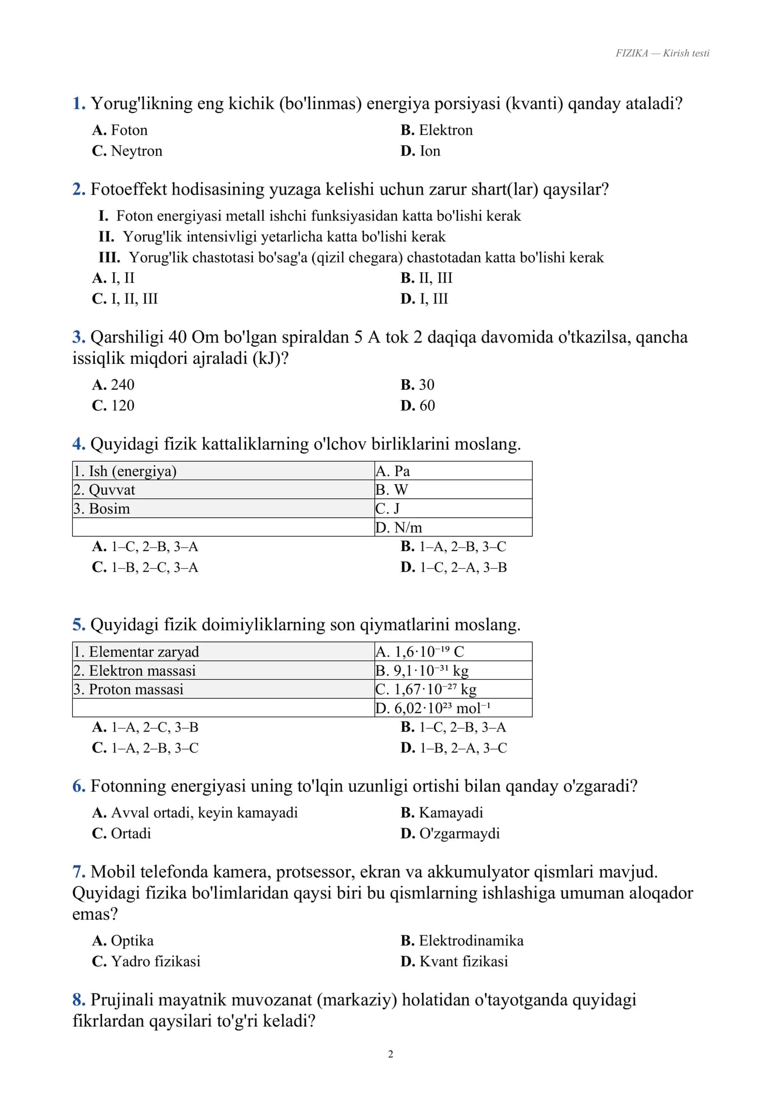 Maktabga ishga kirish uchun test. FIZIKA - Kirish testi 2