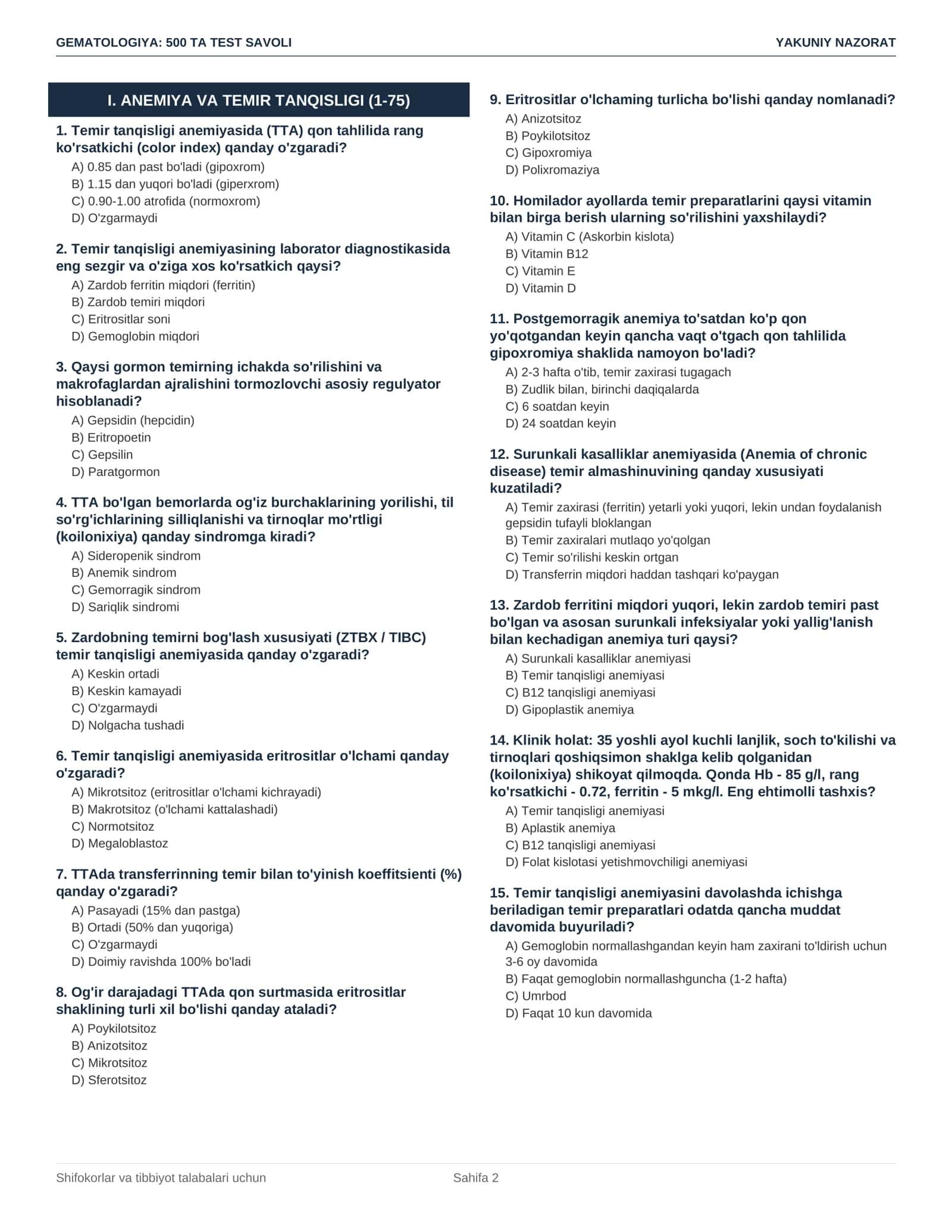 Gematologiya — yakuniy nazorat uchun 500 ta test savoli + javoblari 2