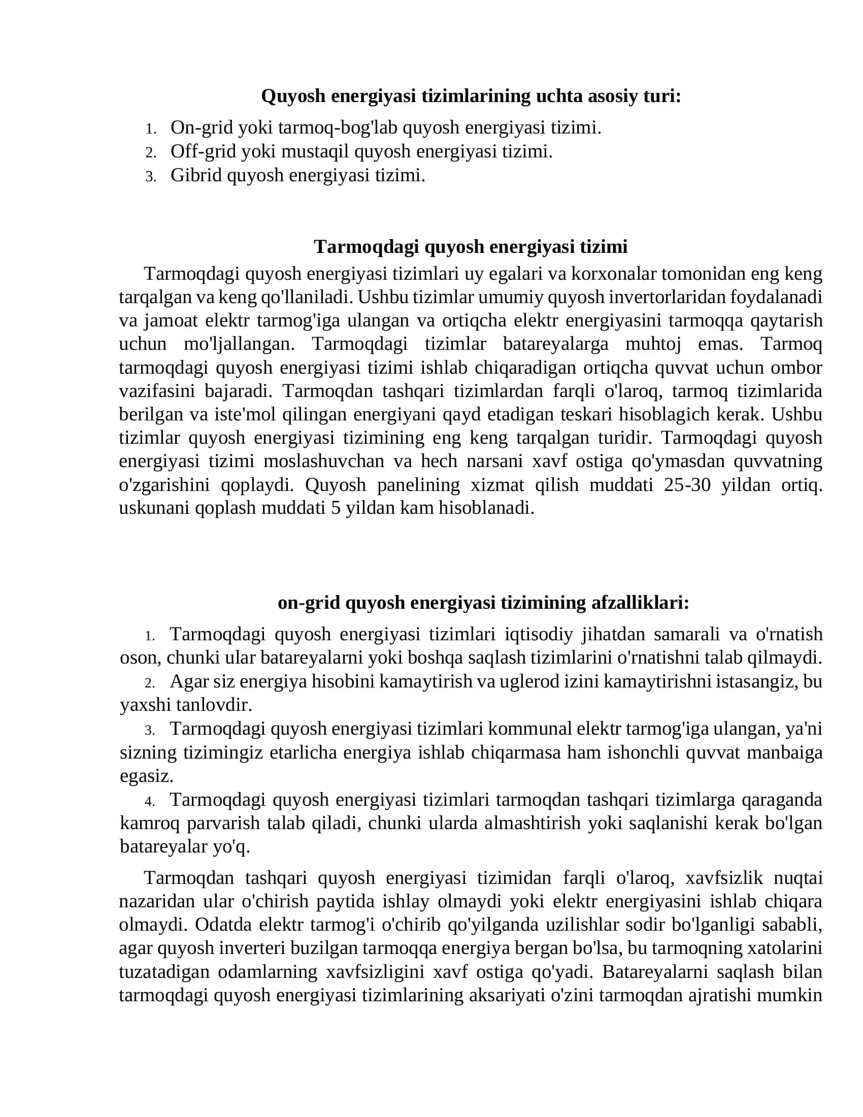 On-grid, off-grid va gibrid quyosh  energiyasi tizimlari 2