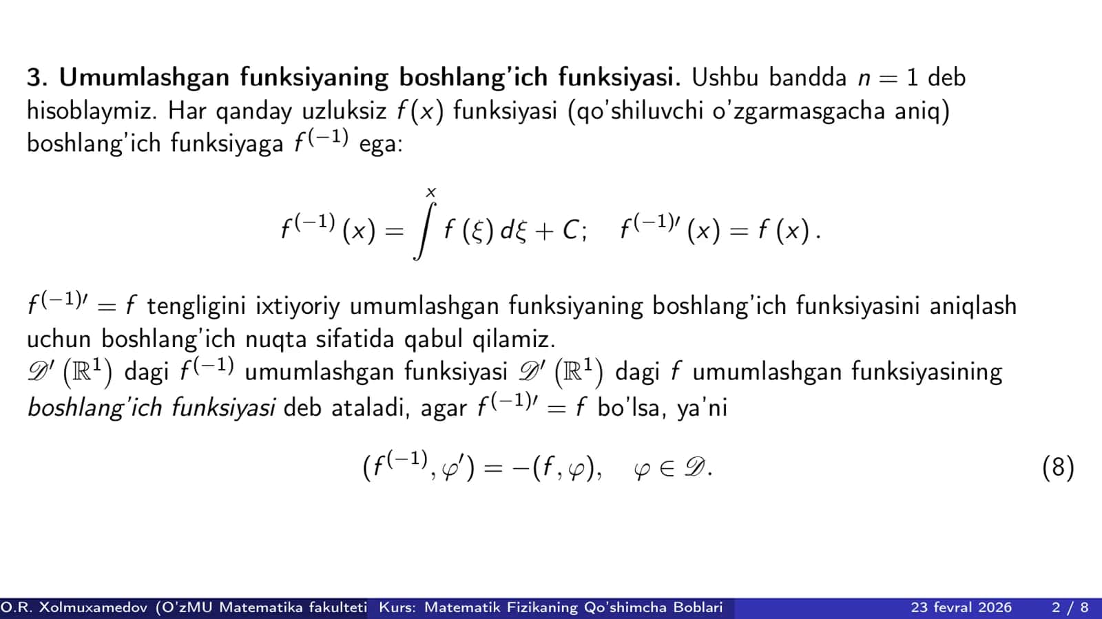 Umumlashgan funksiyalar fazosi D` 2