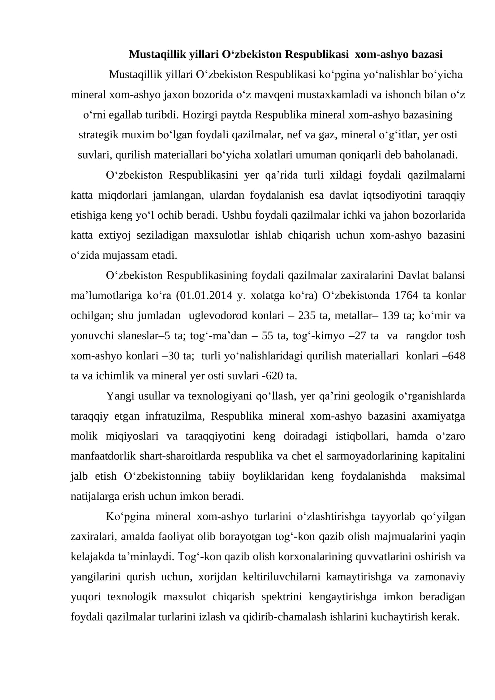O‘ZBEKISTON RESPUBLIKASINING XOM-ASHYO BAZASINI RIVOJLANTIRISH ISTIQBOLLARI 2