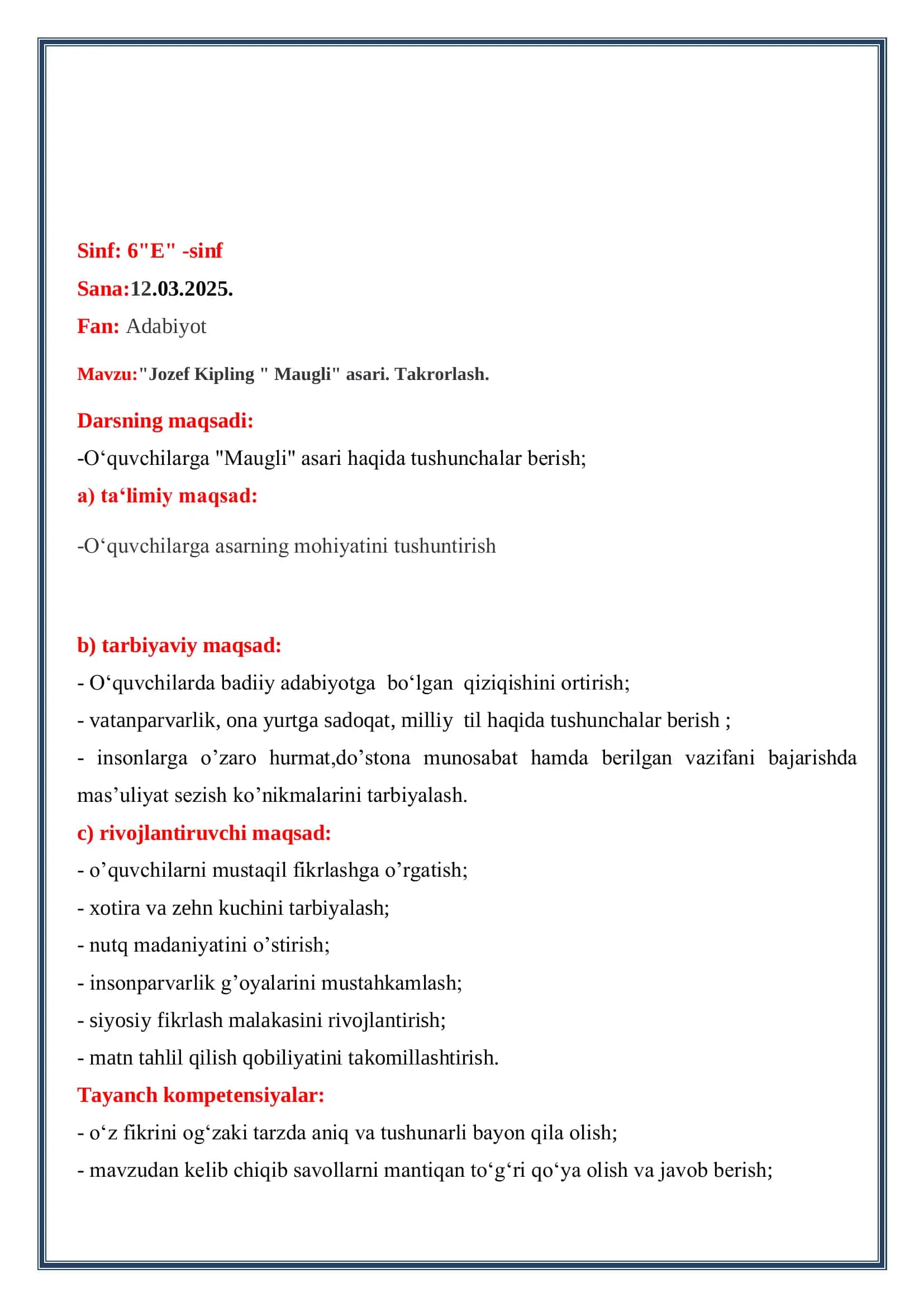 "Jozef Kipling " Maugli" asari. Takrorlash. 2