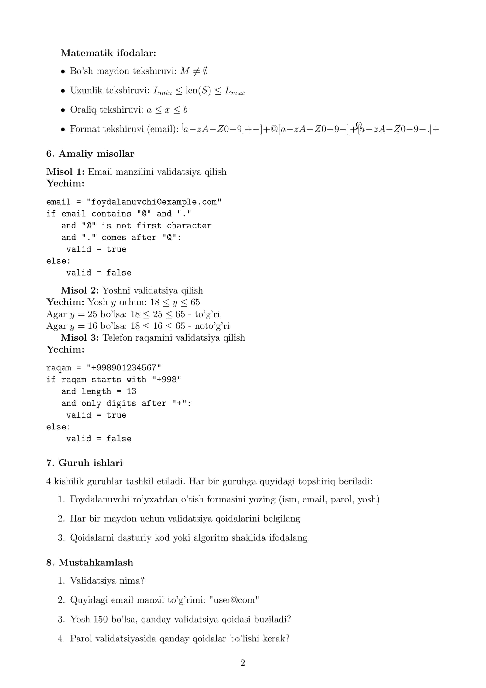 Validatsiya qoidalari 2