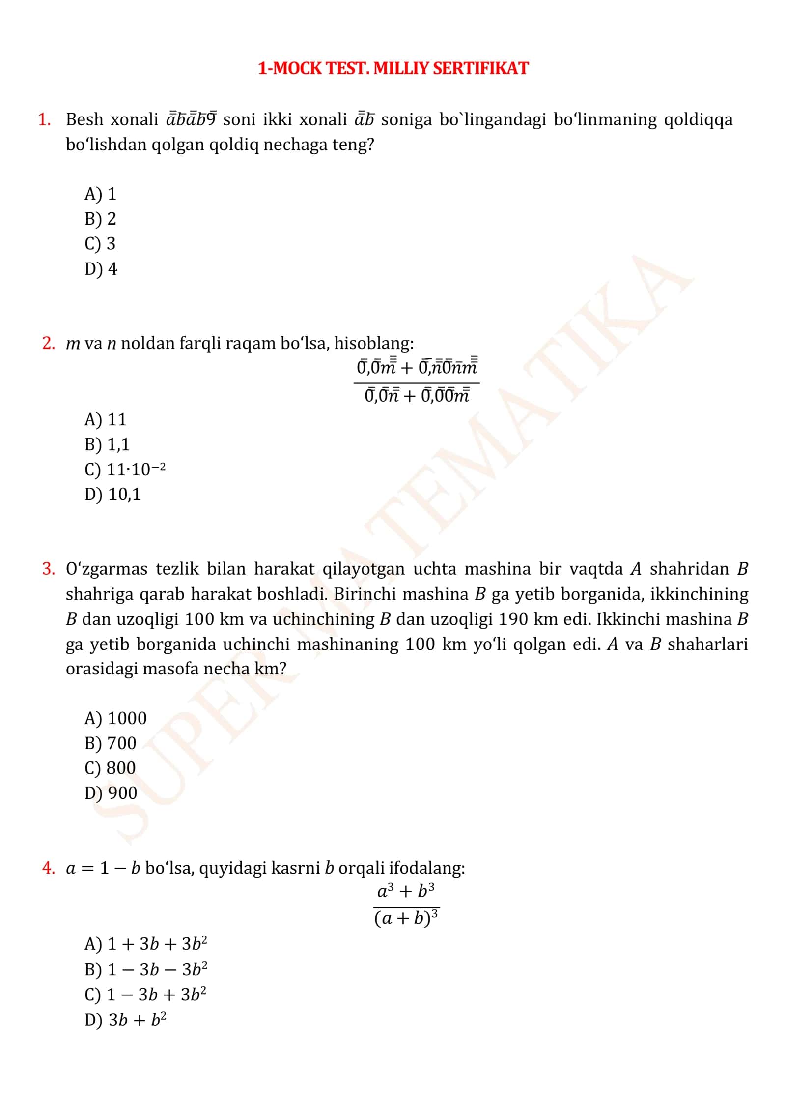 🏆 MATEMATIKADAN NAMUNAVIY MILLIY SERTIFIKAT 1-MOCK TESTI | YECHIMLARI BILAN 2